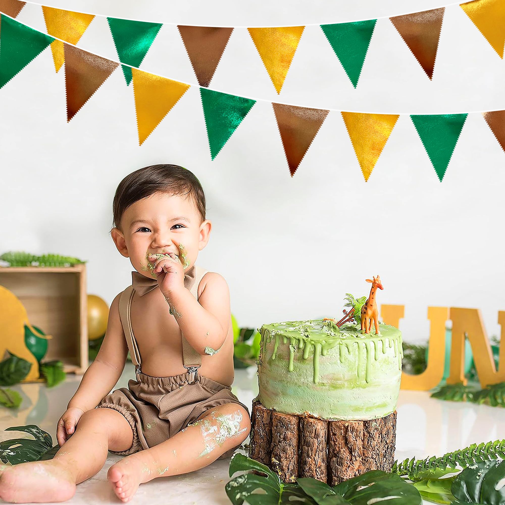 Green Gold Brown Metallic Fabric Triangle Pennant Banner Flag Bunting Garland For Football Jungle Safari Wild Woodland Birthday
