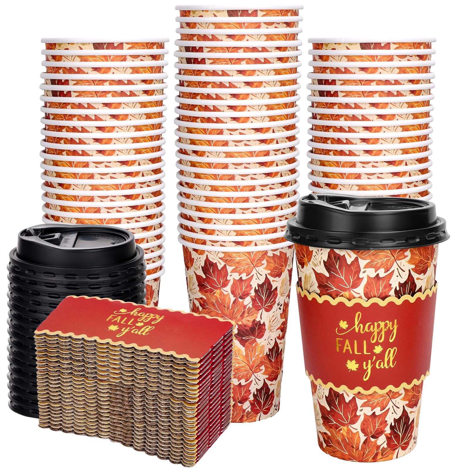 Whaline 50Pcs 16Oz Fall Thanksgiving Disposable Coffee Cups with Lids and Sleeves Orange Brown Red Maple Leaf Paper Drinking Cup