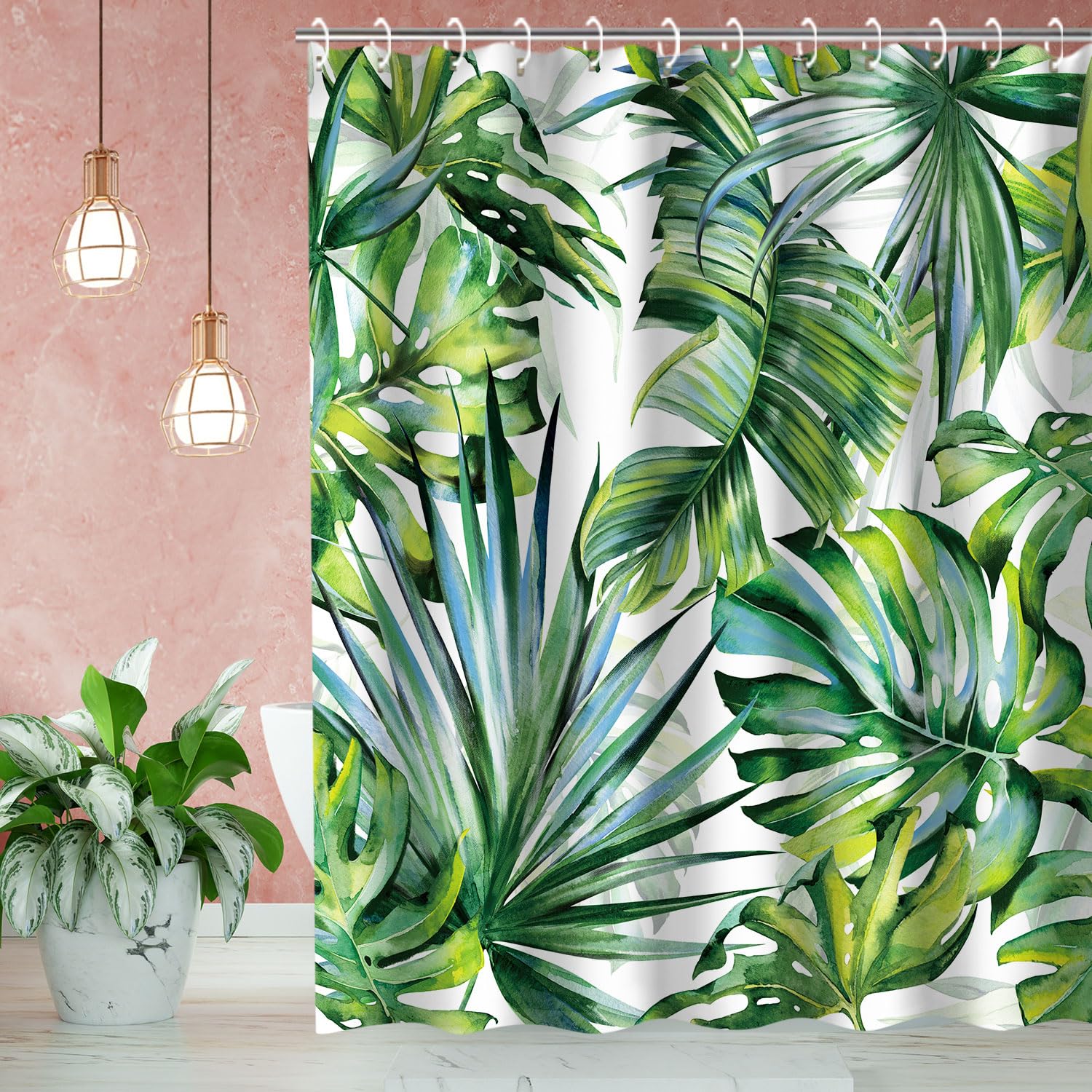 Livilan Tropical Shower Curtain, Green Shower Curtain, Plant Shower Curtain, Leaf Shower Curtain, Botanical Shower Curtain Set W