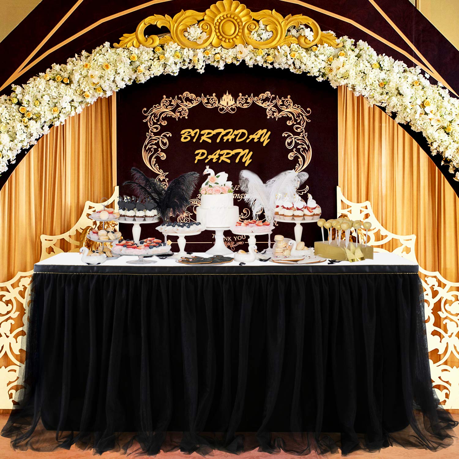 Suppromo 9ft Black Table Skirts for Rectangle Tables or Round Tables Black Tutu Table Cloth for Black Gold Happy Birthday Party,