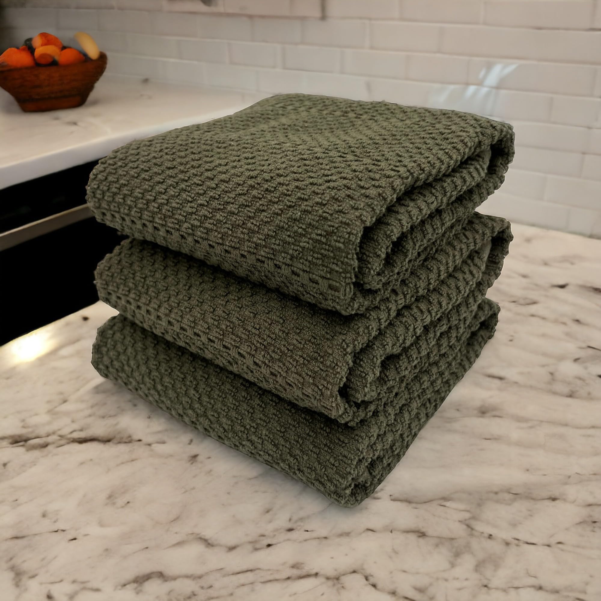 Olive Green Kitchen Hand Dish Towels: Oversized 28'' X 18'',100% Cotton Cloth Soft Cleaning Drying Absorbent Ribbed Design, Set