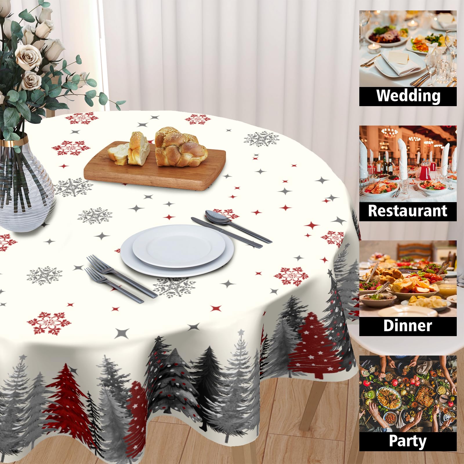 ABSOP Christmas Snowflake Round Tablecloth Cream Tablecloth 60 Inch Gary and Red Tree Pattern Circle Table Cloth Winter Holiday