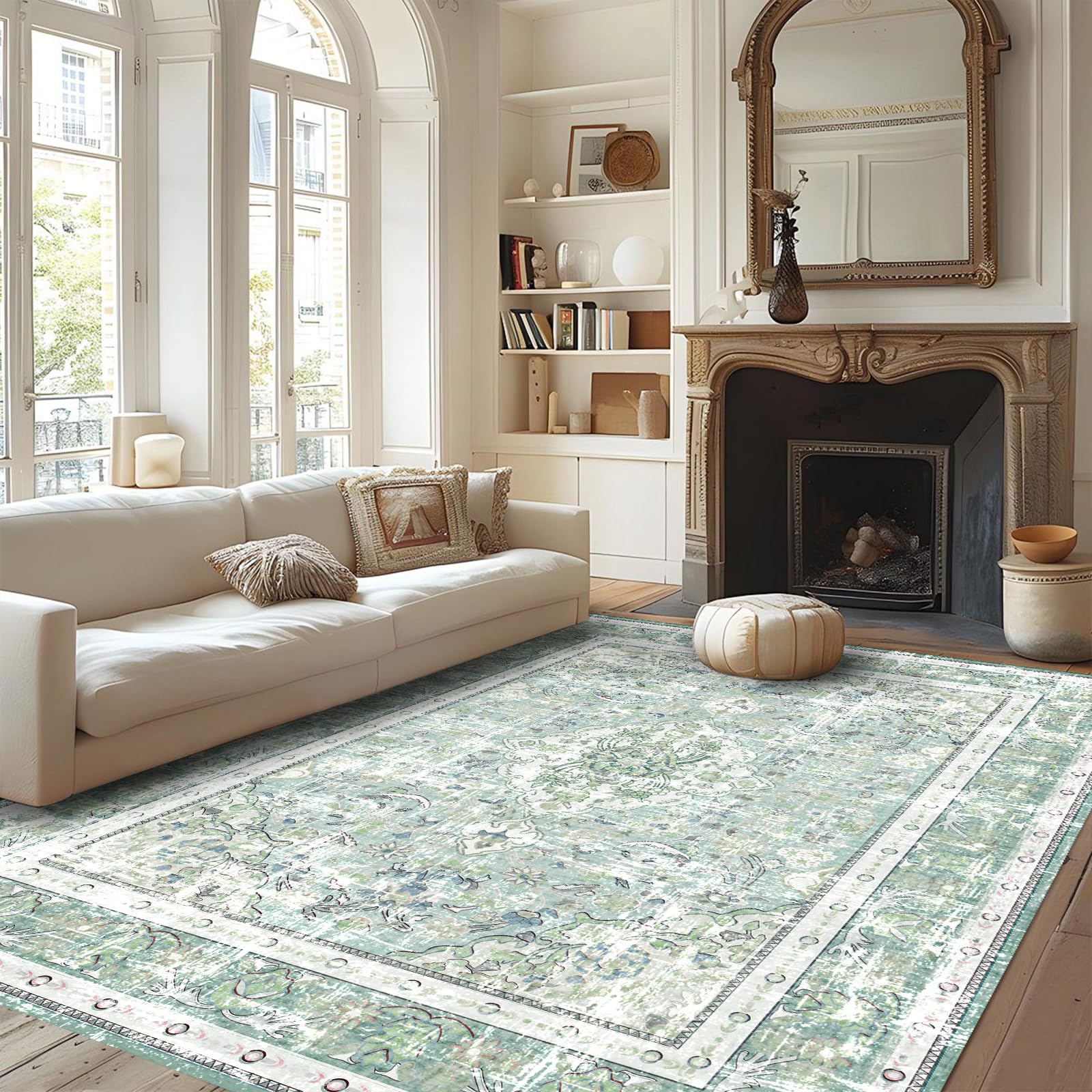 Vhong Boho Area Rugs Vintage Washable Modern Neutral Large Carpet Sage Green 6  9 High Traffic Rugs for Dinning Room Living Room