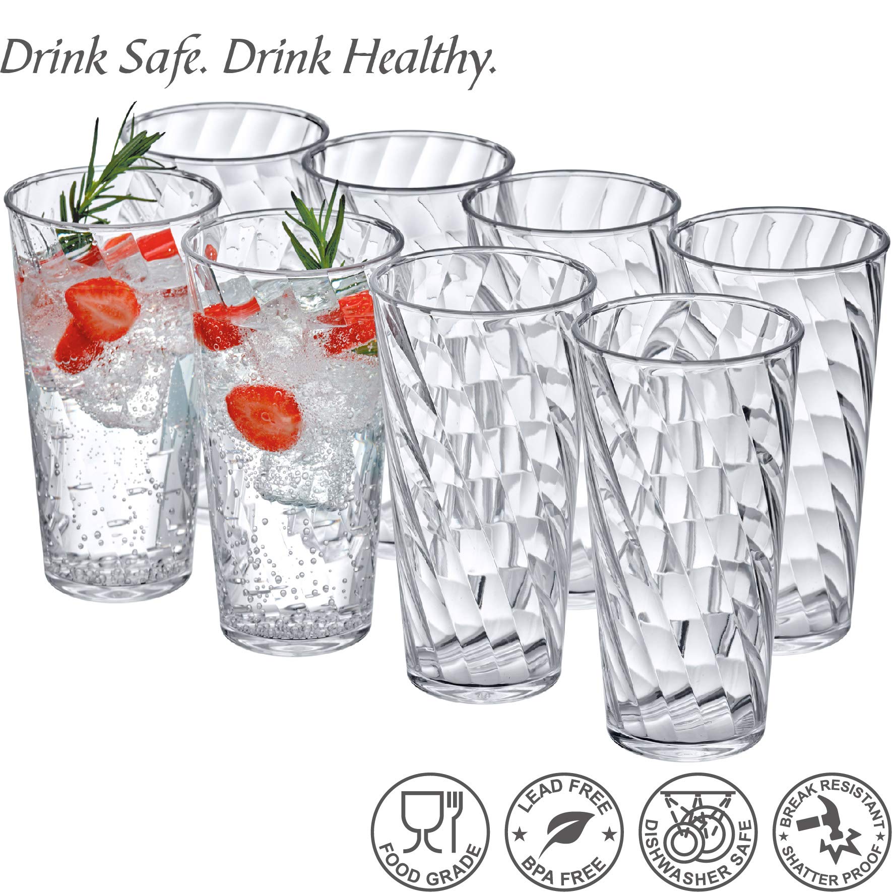 Amazing Abby 18-Ounce Plastic Tumblers Set of 8, All-Clear, BPA-Free, Shatter-Proof, Dishwasher-Safe, Model AA-0065