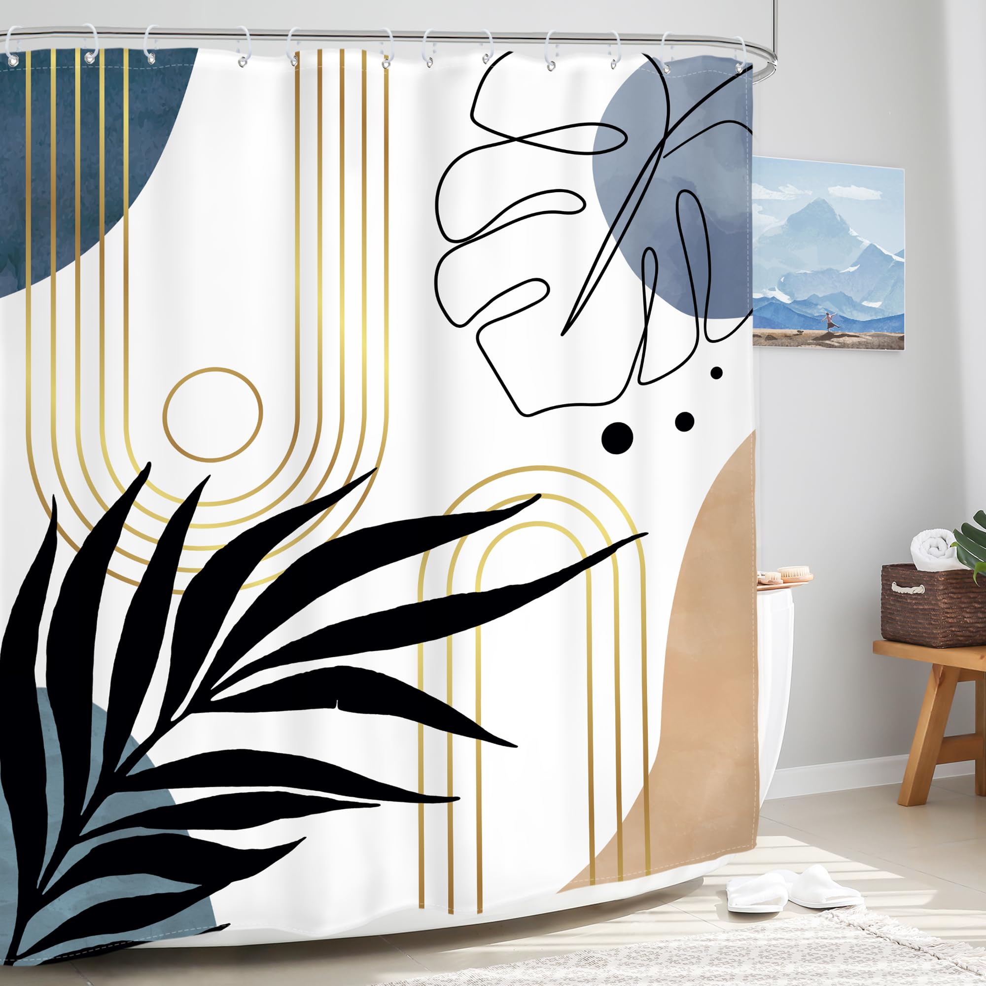 Glawry Abstract Tropical Shower Curtain Chic Boho Plant Palm Leaf Watercolor Blue Simple Minimalist Bathroom Modern Botanical 60