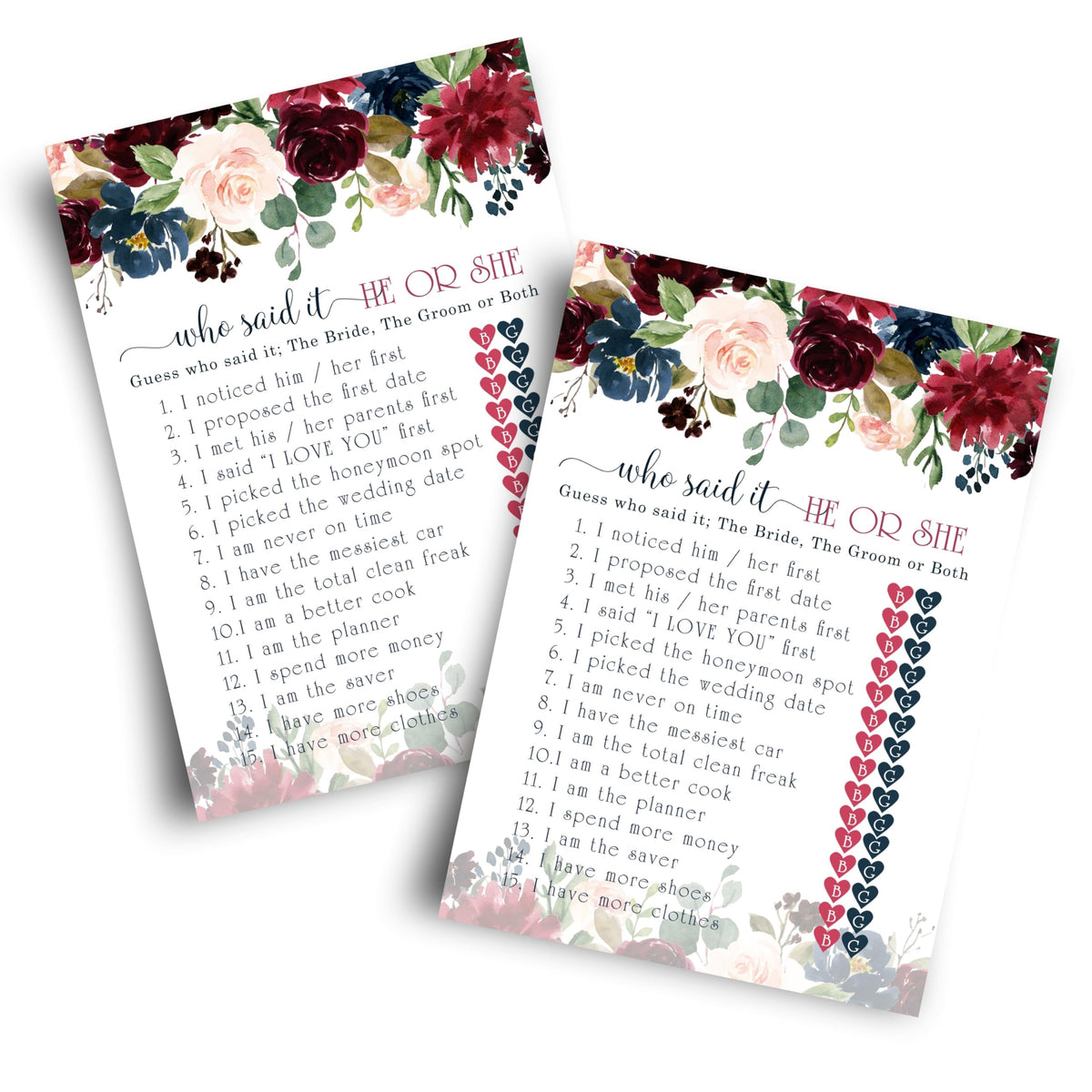 Blue Floral Bridal Shower Games - 25 Cards - He Said She Said - What Did The Bride And Groom Say Guess Who Wedding Activities -