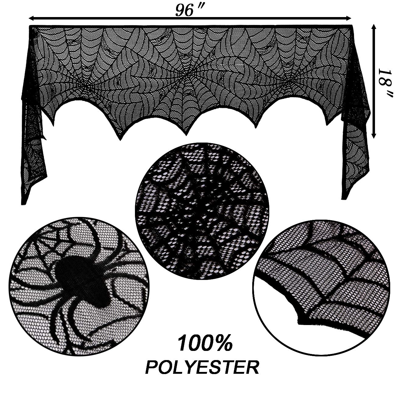 Sunnyglade Halloween 18''X96'' Lace Spiderweb Fireplace Mantle Cover Fireplace Scarf & 54''X72'' Rectangular Black Spider Web La