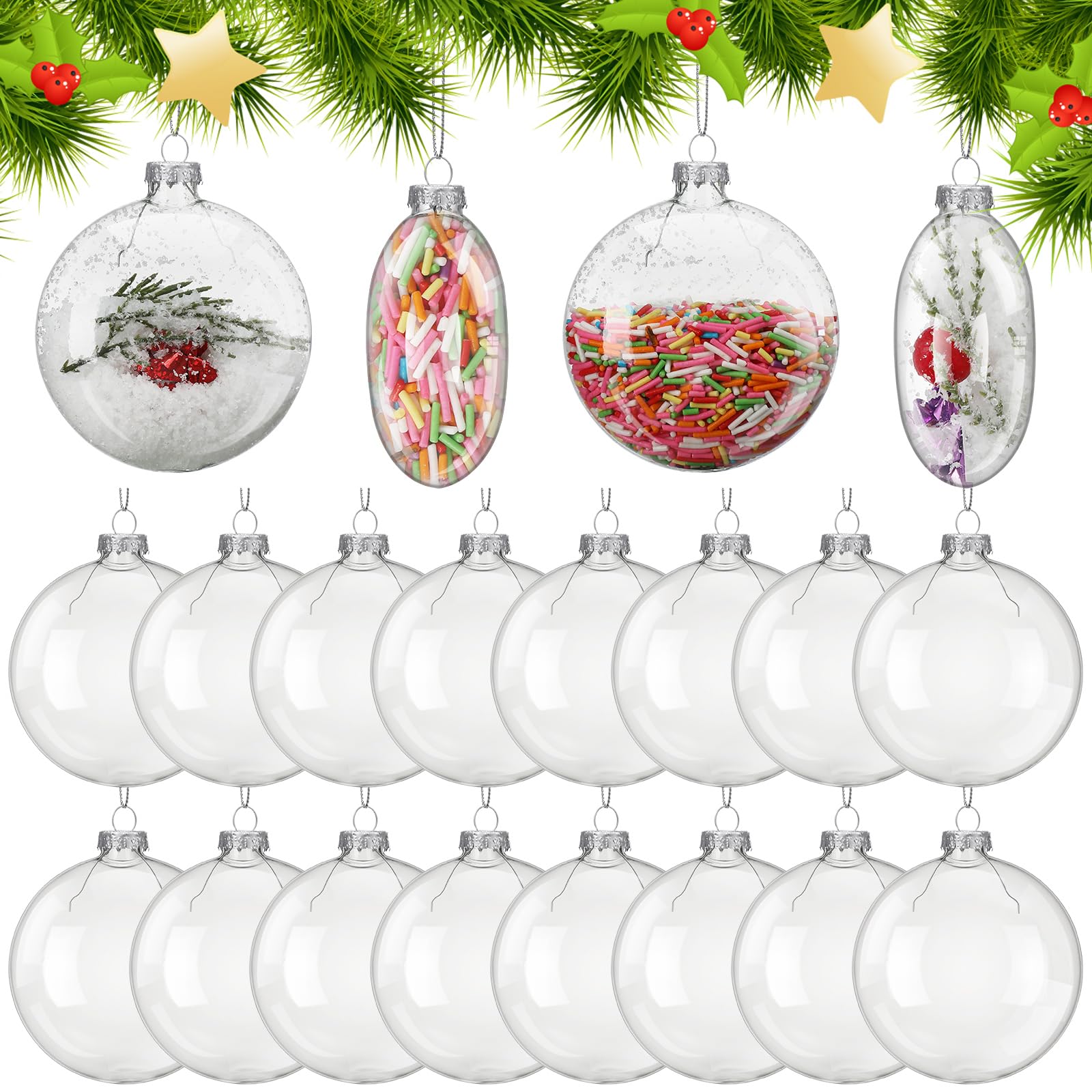 Liliful 24 Pcs Christmas Clear Ornaments Fillable Flat Ball 3.15 Inch for Crafts DIY Ornaments Craft Fillable Glass Ornament Bal
