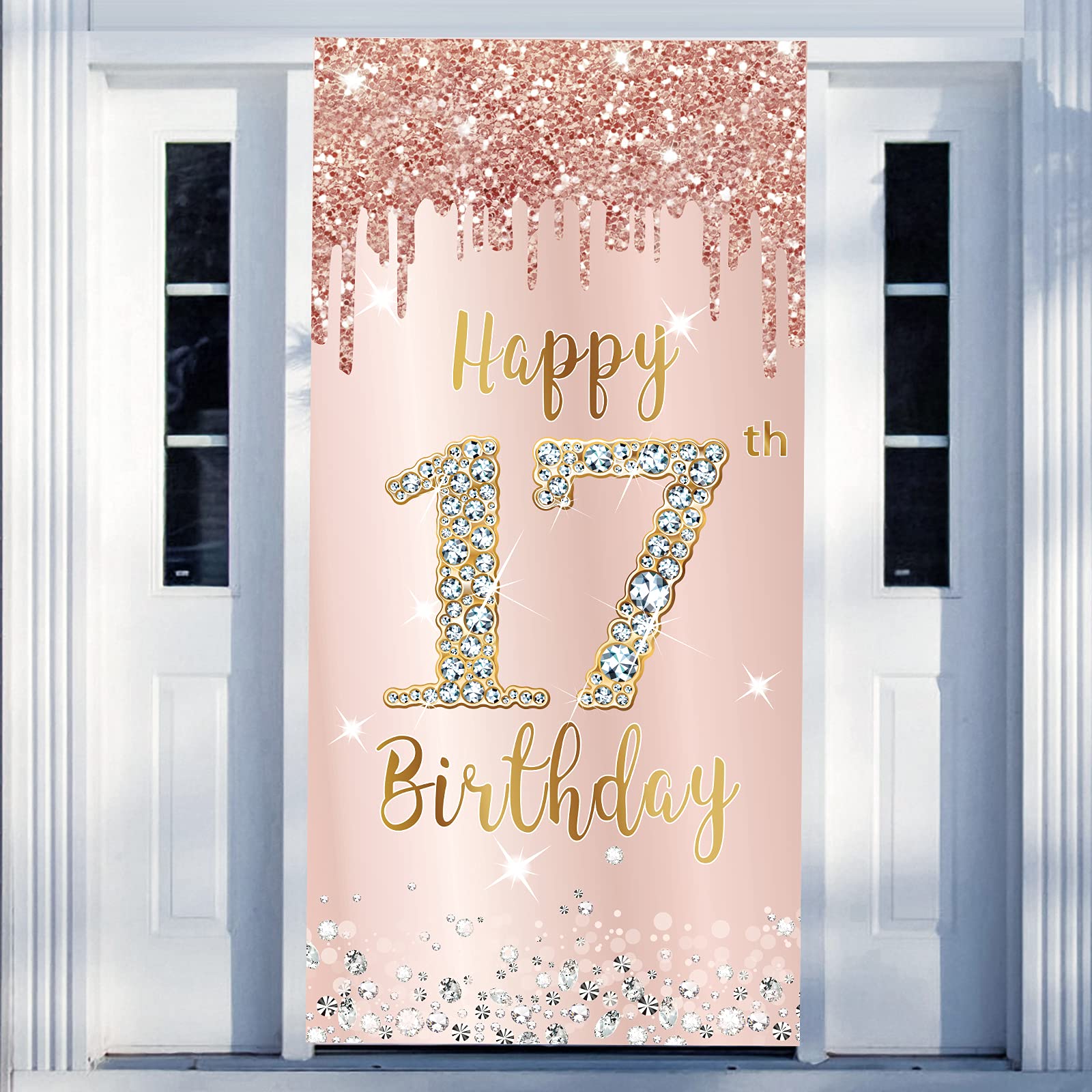 Happy 17Th Birthday Door Banner Decorations For Girls, Pink Rose Gold 17 Birthday Door Cover Backdrop Party Supplies, Large Seve