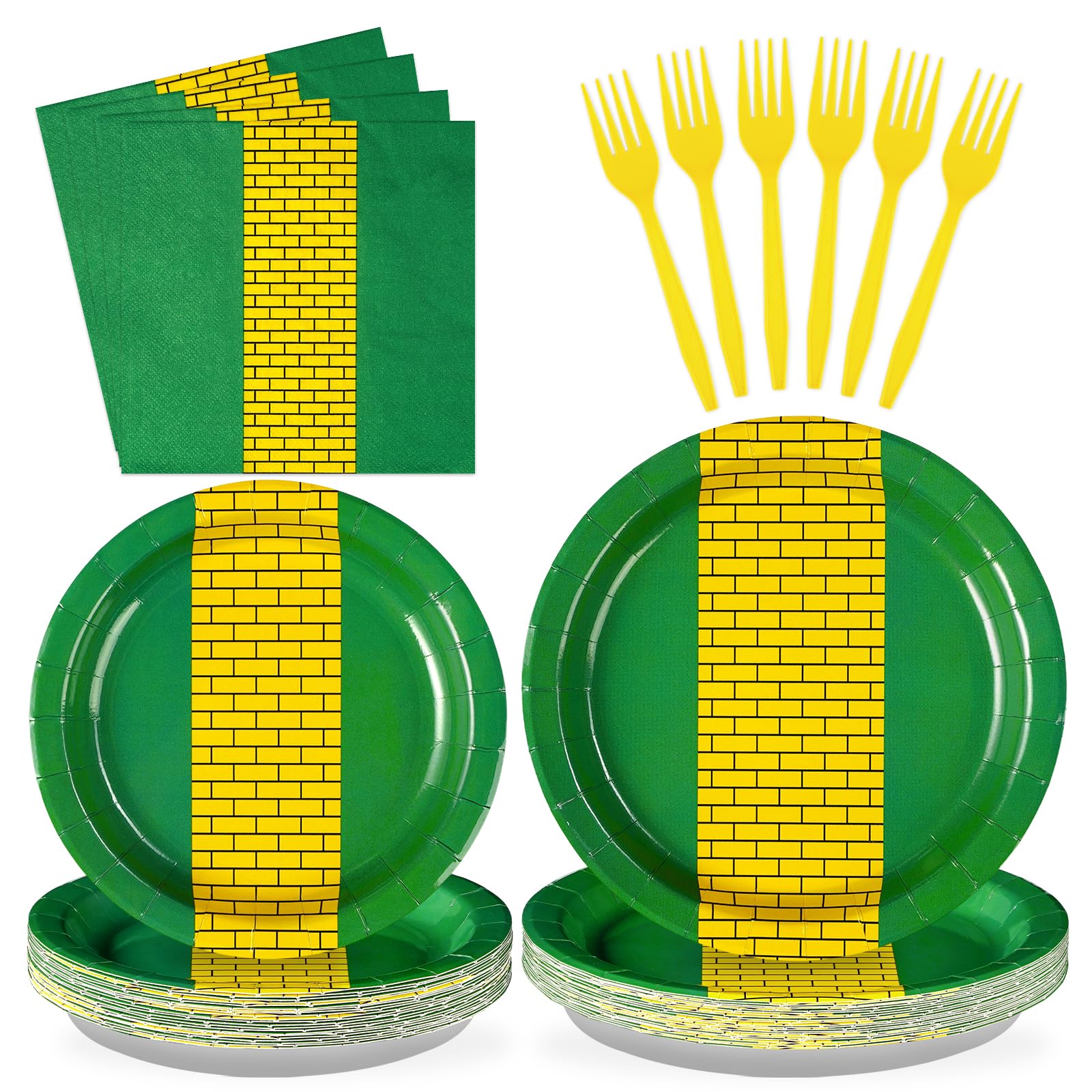 Grencian 96Pcs Yellow Brick Party Supplies Green Paper Plates Wizard Party Tableware Decorations for Halloween Witch Princess Co