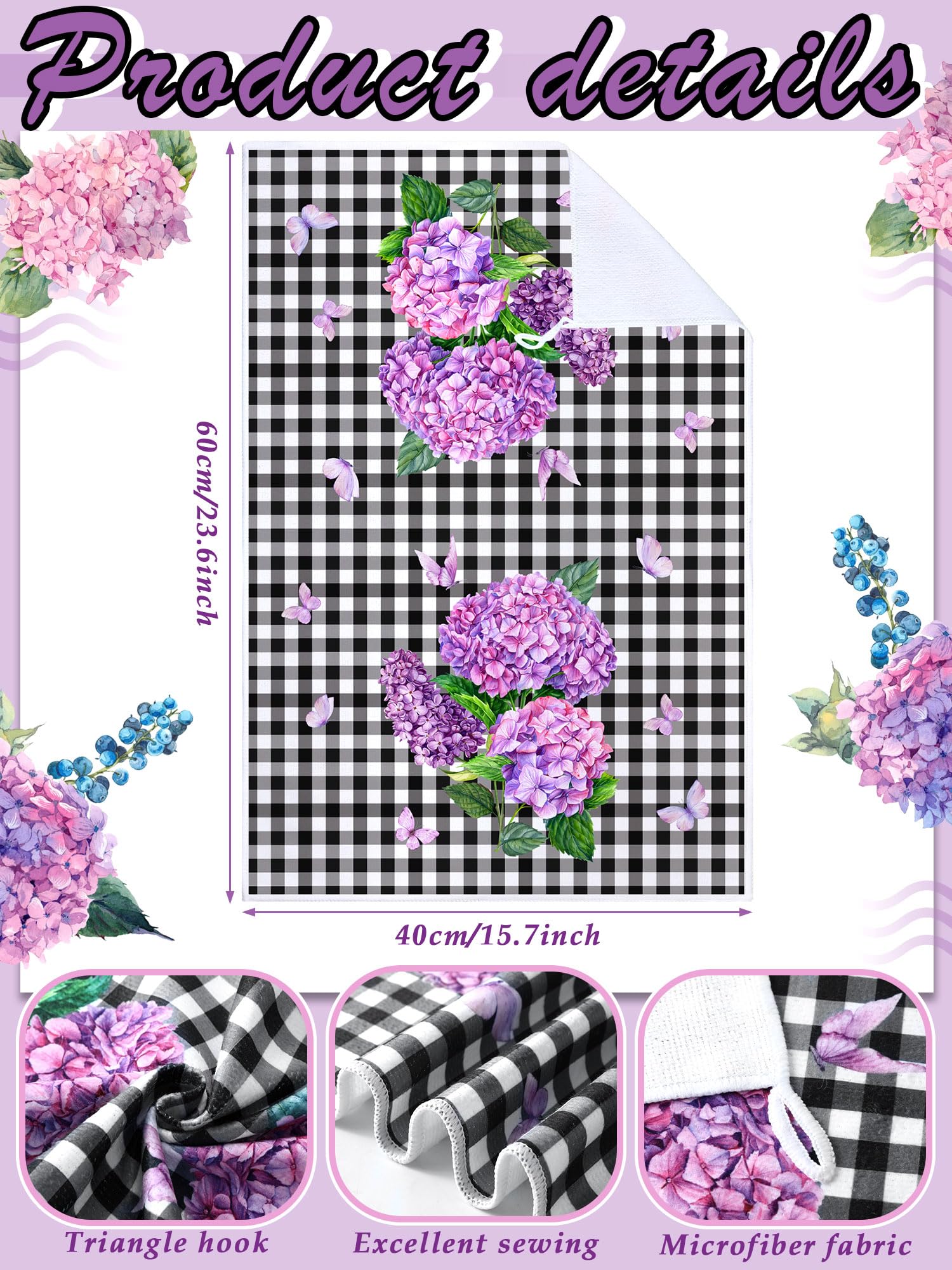 Bencailor 4 Pcs Purple Hydrangea Kitchen Towels Farmhouse Flower Floral Hand Dish Towels Butterfly Fast Drying Tea Cloths Housew