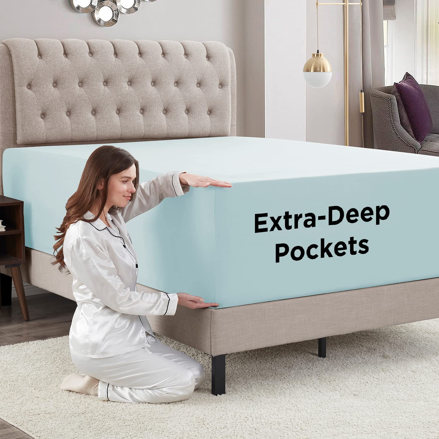Empyrean Extra Deep Pocket Queen Fitted Sheet Only - Light Blue Fitted Sheet Queen Size, Soft Fitted Bed Sheets For 18 To 24 Inc