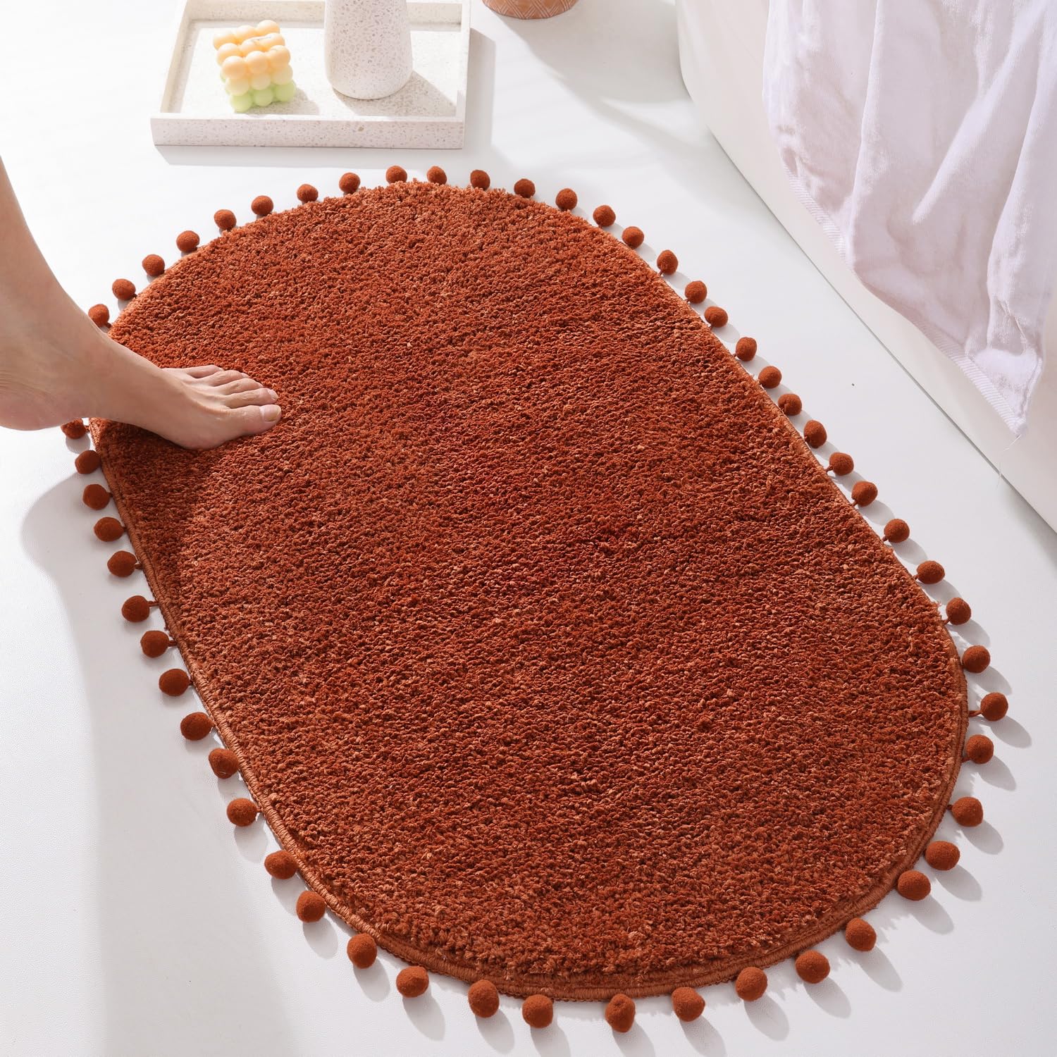 Yirddeo Terracotta Pom Bath Rug For Bathroom Non Slip, Cute Boho Pom Oval Absorbent Shower Mat, Plush Soft Washable Rug (20X30 I