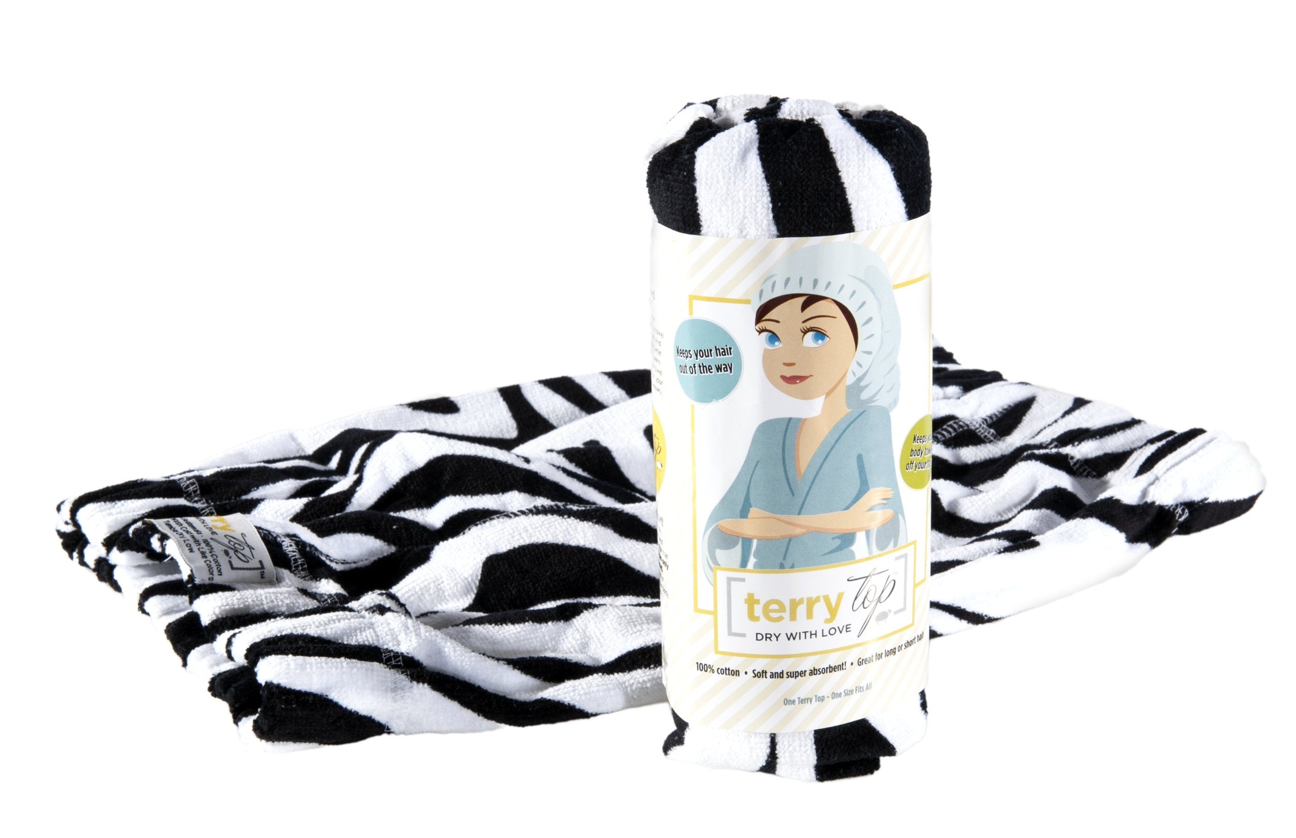 Terry Top Hair Towel, Turban. Super Absorbent 100% Terry Cotton. Keeps Hair Off Your Face. No Twist, No Harm, No Hassle. Simplif