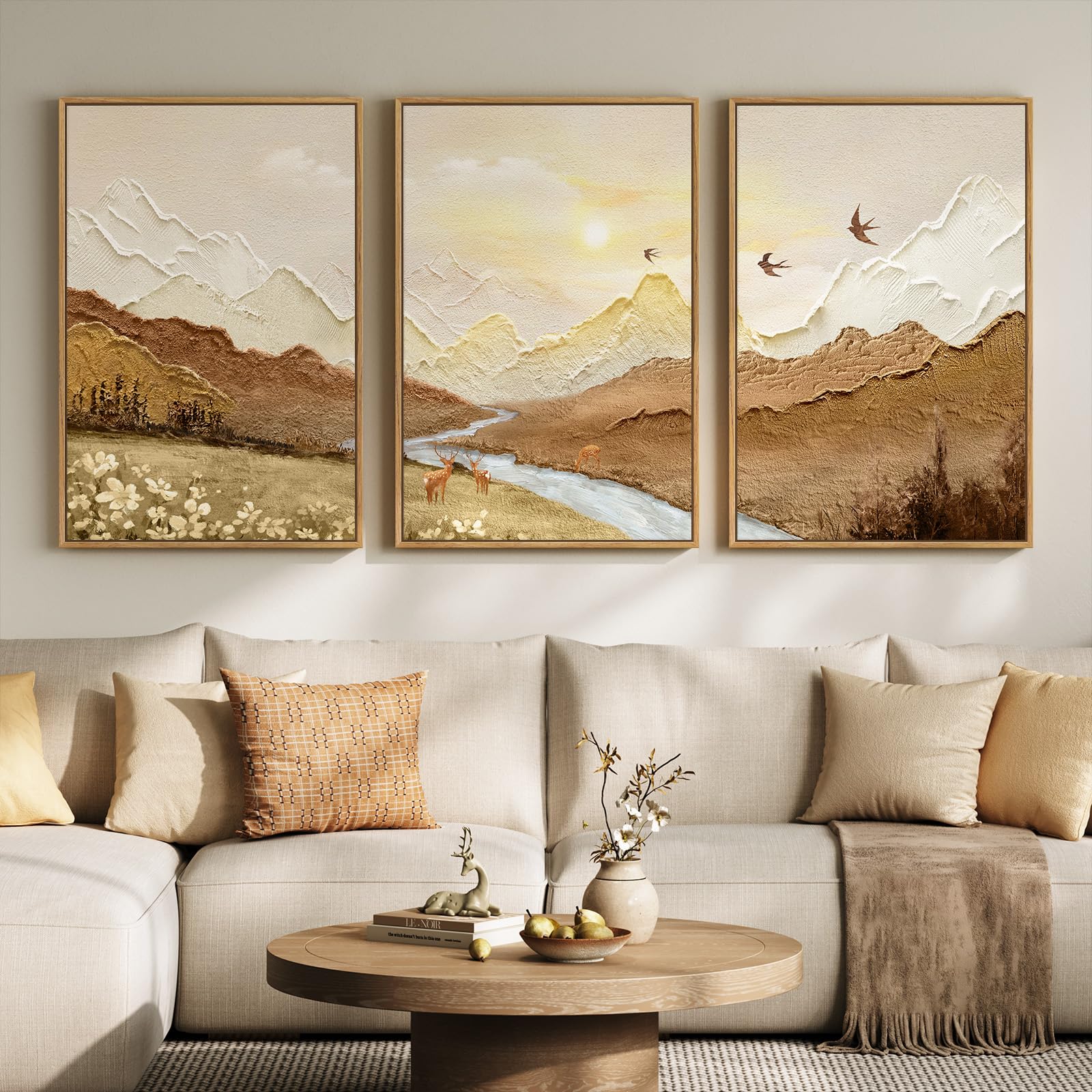 Framed Green Abstract Mountain Wall Art For Living Room, 3 Piece Large Landscape Prints Canvas Artwork For Walls, Modern Minimal