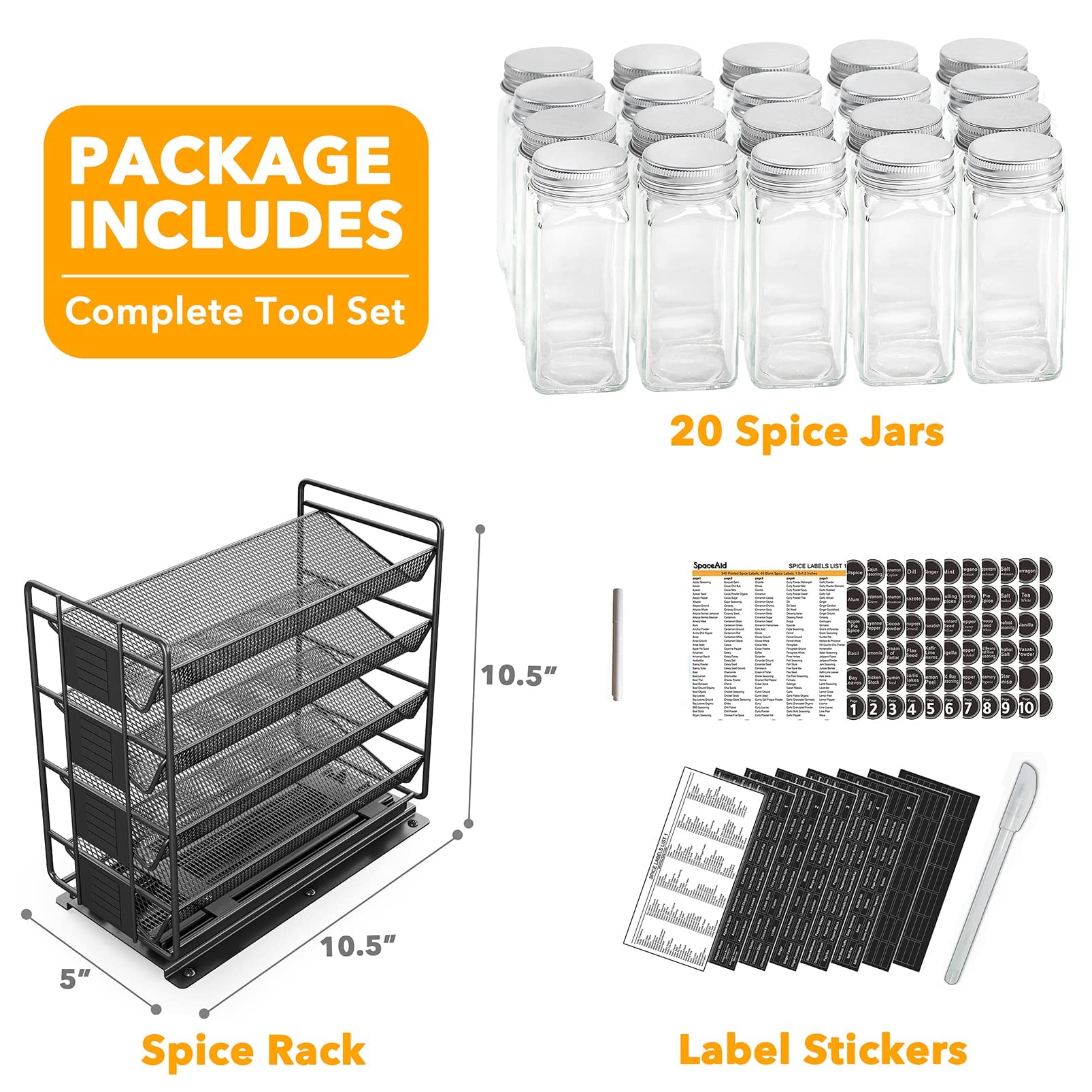 Spaceaid Pull Out Spice Rack Organizer With 20 Jars, Heavy Duty Slide Out Seasoning Organizer For Kitchen Cabinets, With 801 Lab