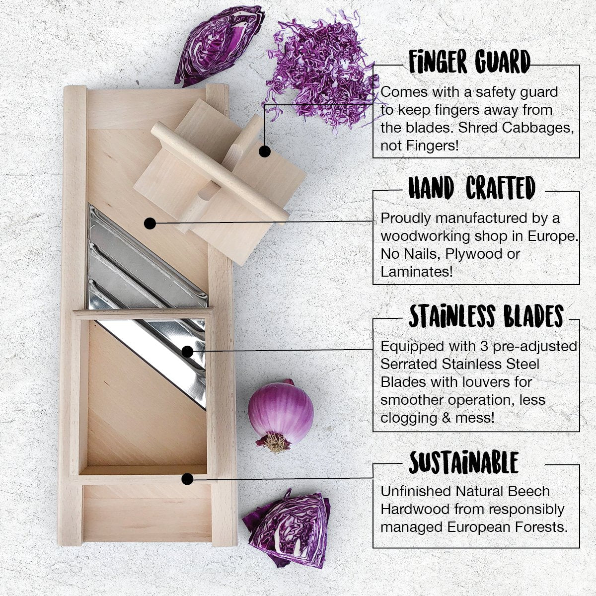 Raw Rutes -Traditional Wooden Cabbage Shredder Slicer With Hand Guard For Finely Cut Sauerkraut And Coleslaw - Heirloom Quality