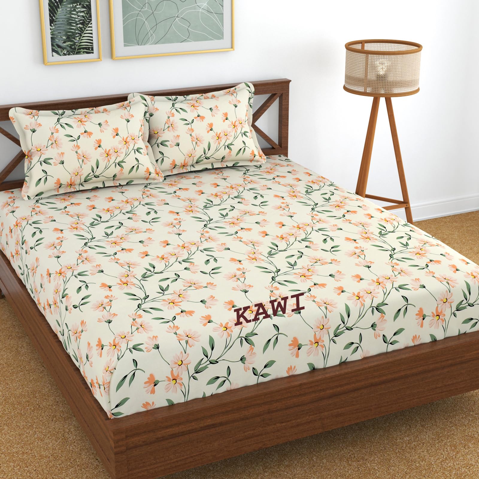Kawi Elastic Fitted Bedsheet Cotton Blend Double Bed With 2 Pillow Cover (72 X 78)- Light Yellow Color