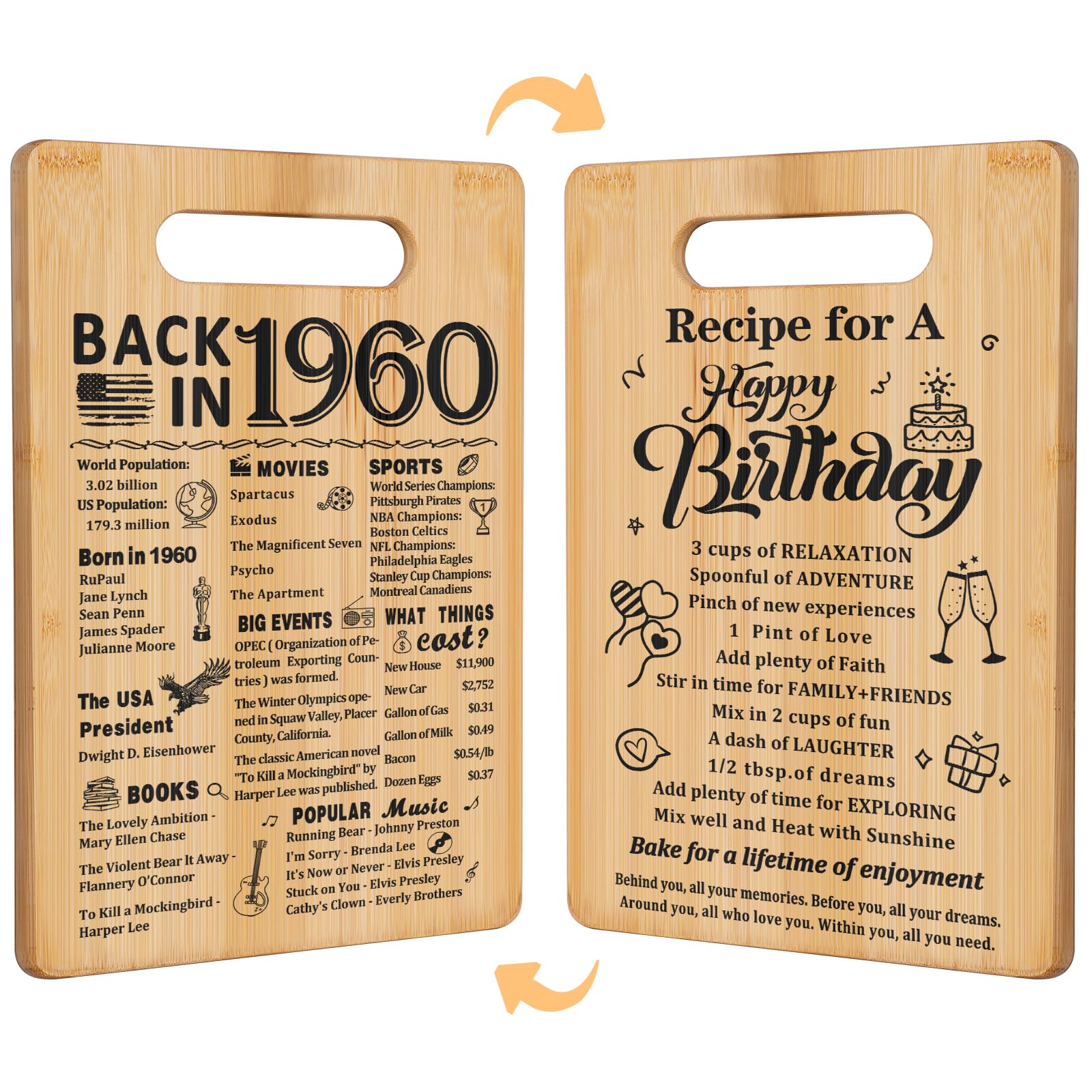 65th Birthday Gifts for Women Men,Back In 1960&Recipe for A Happy Birthday Double sided Cutting Board Gift for Her Him,65th birt