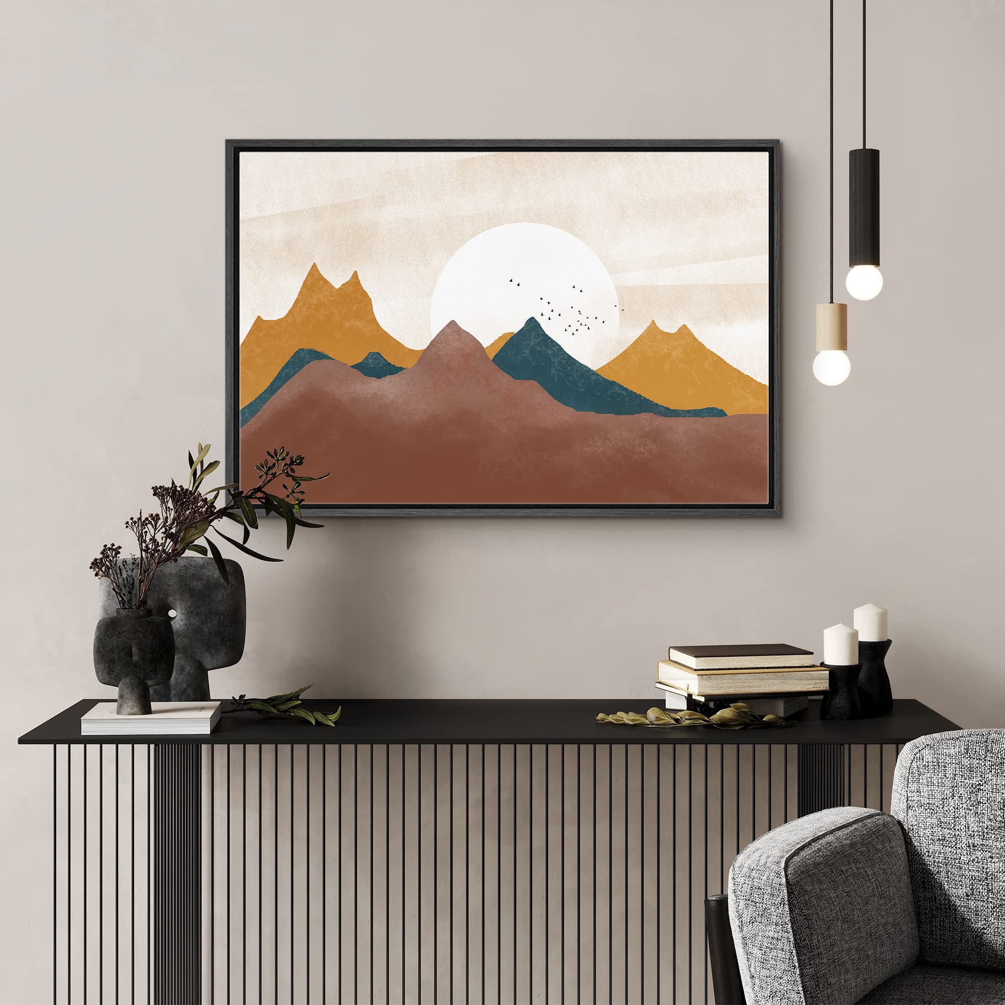 Signford Framed Canvas Print Wall Art Set Pastel Mountain Range Valley Sun Nature Wilderness Illustrations Modern Art Farmhouse/