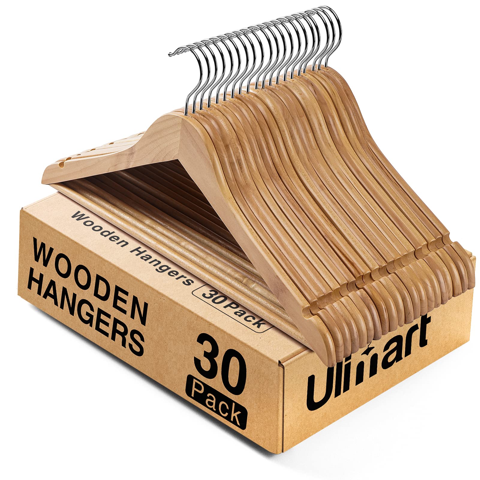 Ulimart Wooden Hangers Hangers 30 Pack Wood Hangers Solid Wood Clothes Hangers With Bar Coat Hangers For Closet(Natural)