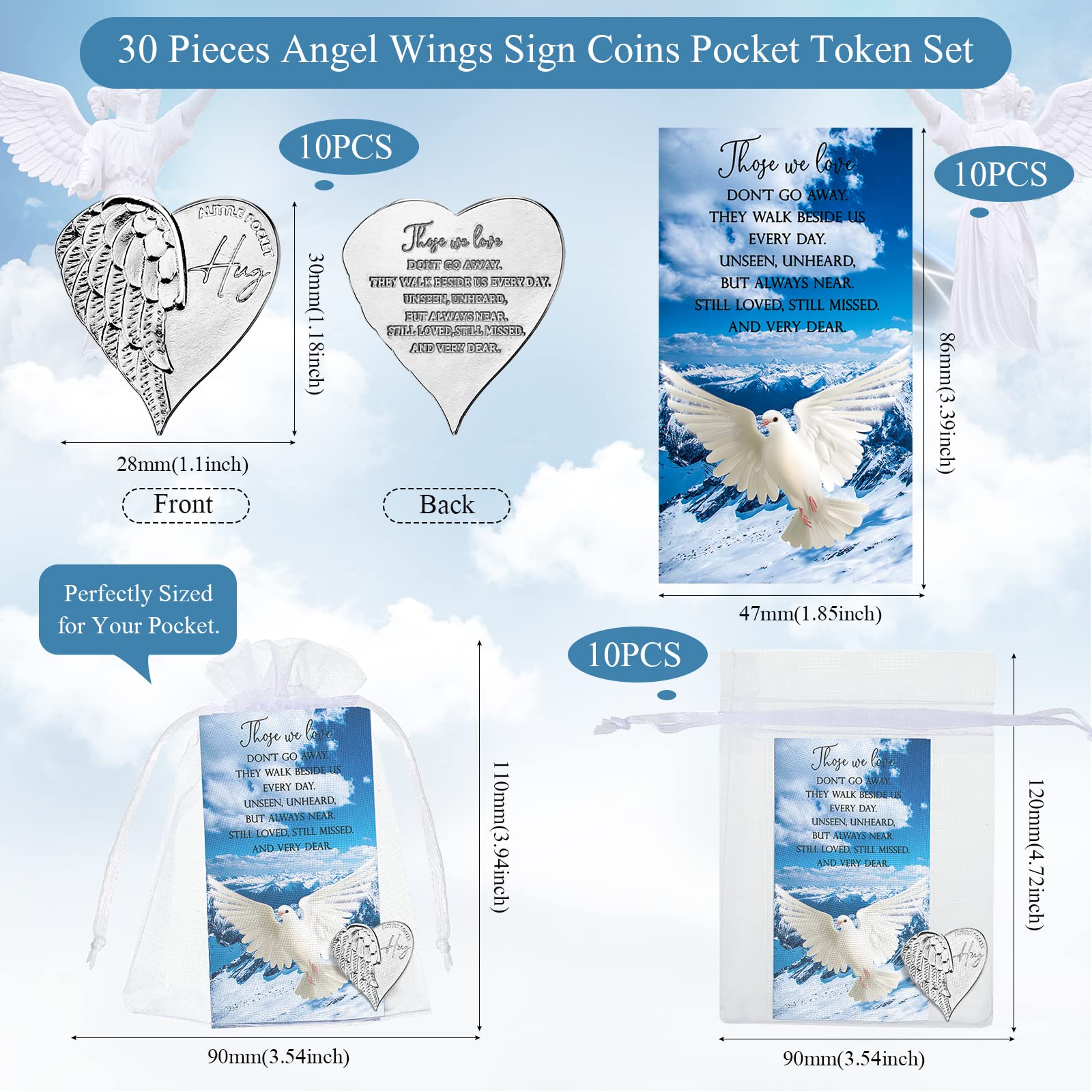 Sureio 30 Pieces Funeral Favors for Celebration of Life Heart Pocket Hug Token with Funeral Prayer Cards and Organza Bags As a K
