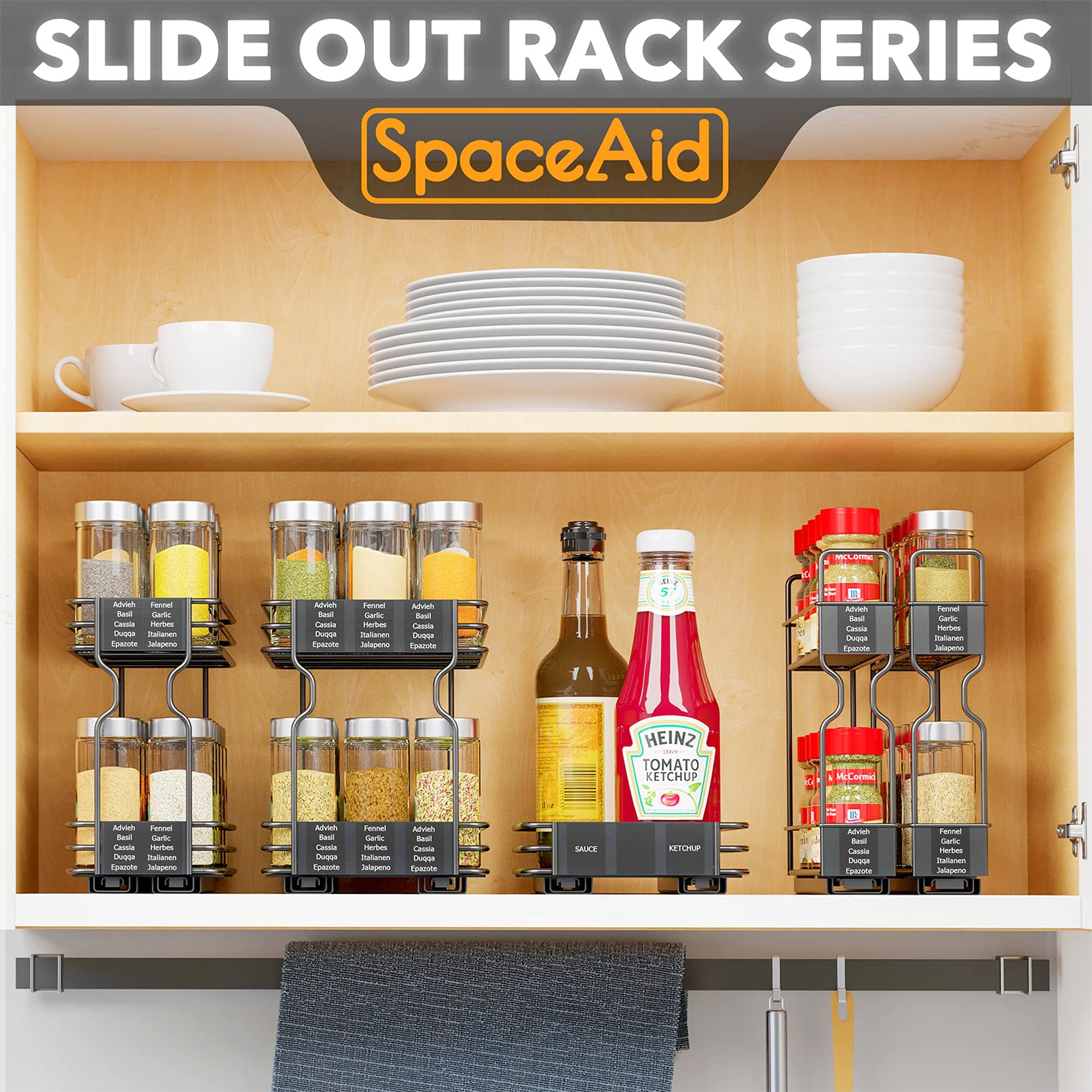 SpaceAid Pull Out Spice Rack Organizer, Heavy Duty Metal 2-Tier, 5.2"W x 10.75"D x 10"H, Black, Model hg-22x2-black