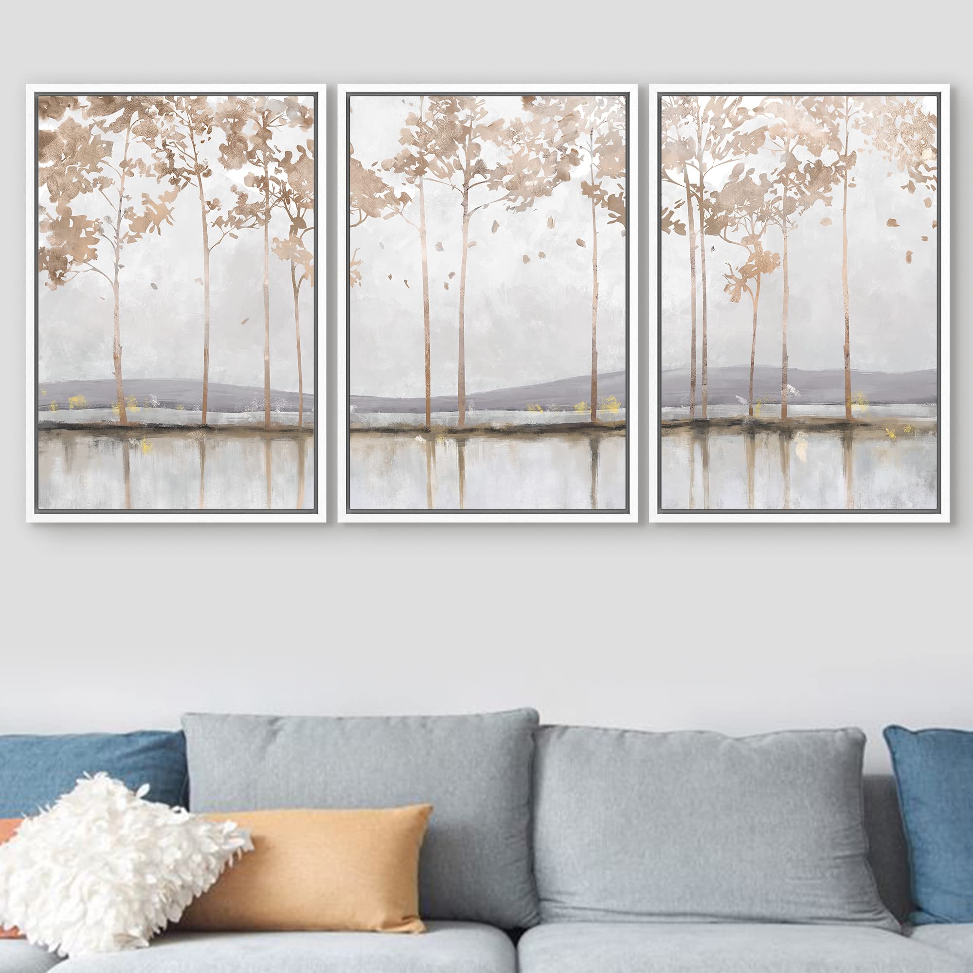 Signford Framed Canvas Print Wall Art Set Pastel Mountain Lake Tree Forest Abstract Shapes Illustration Modern Art Decorative No