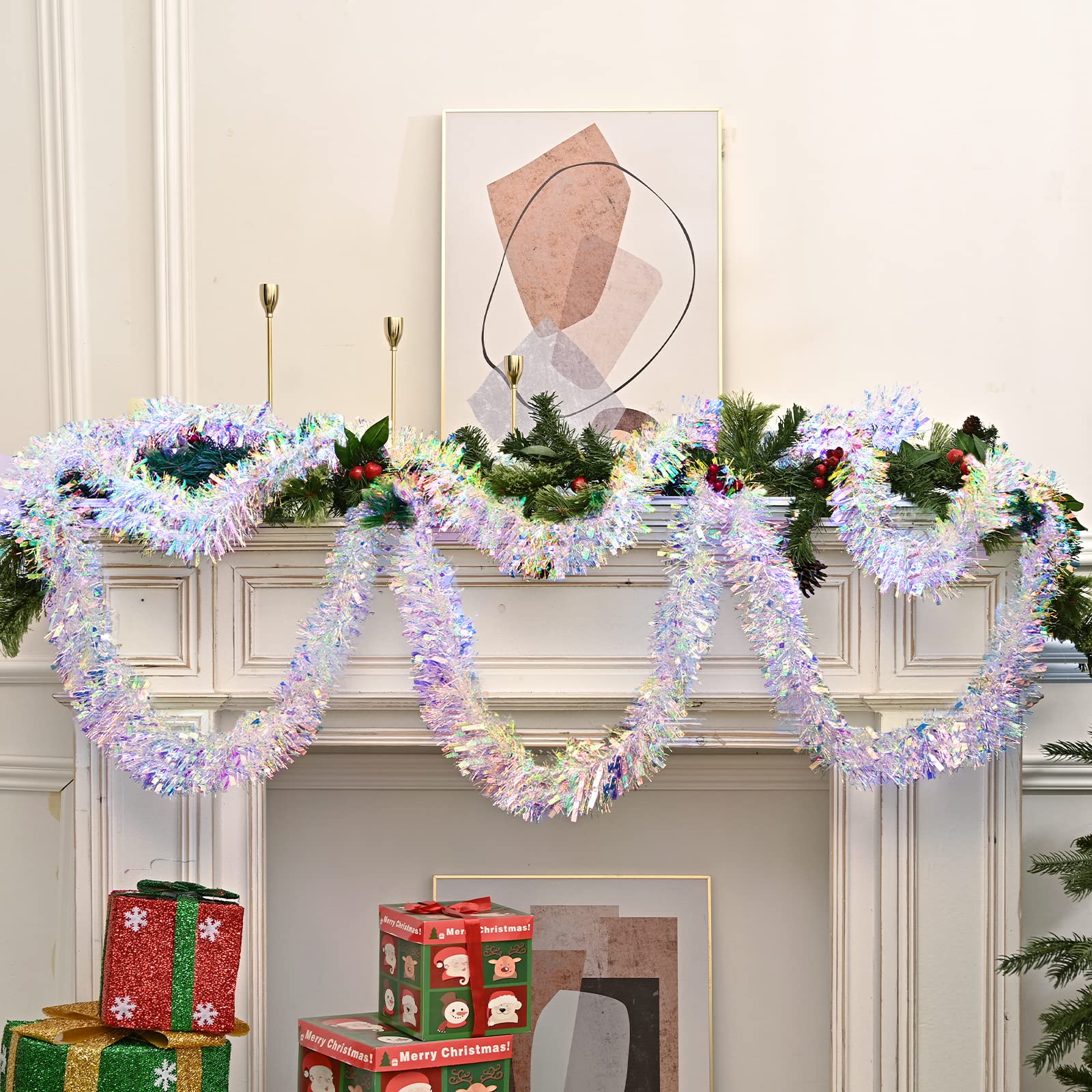 20ft/6m Christmas Tinsel Garland Iridescent Metallic Hanging Garland for Christmas Tree Fireplace Mantle Home Decoration