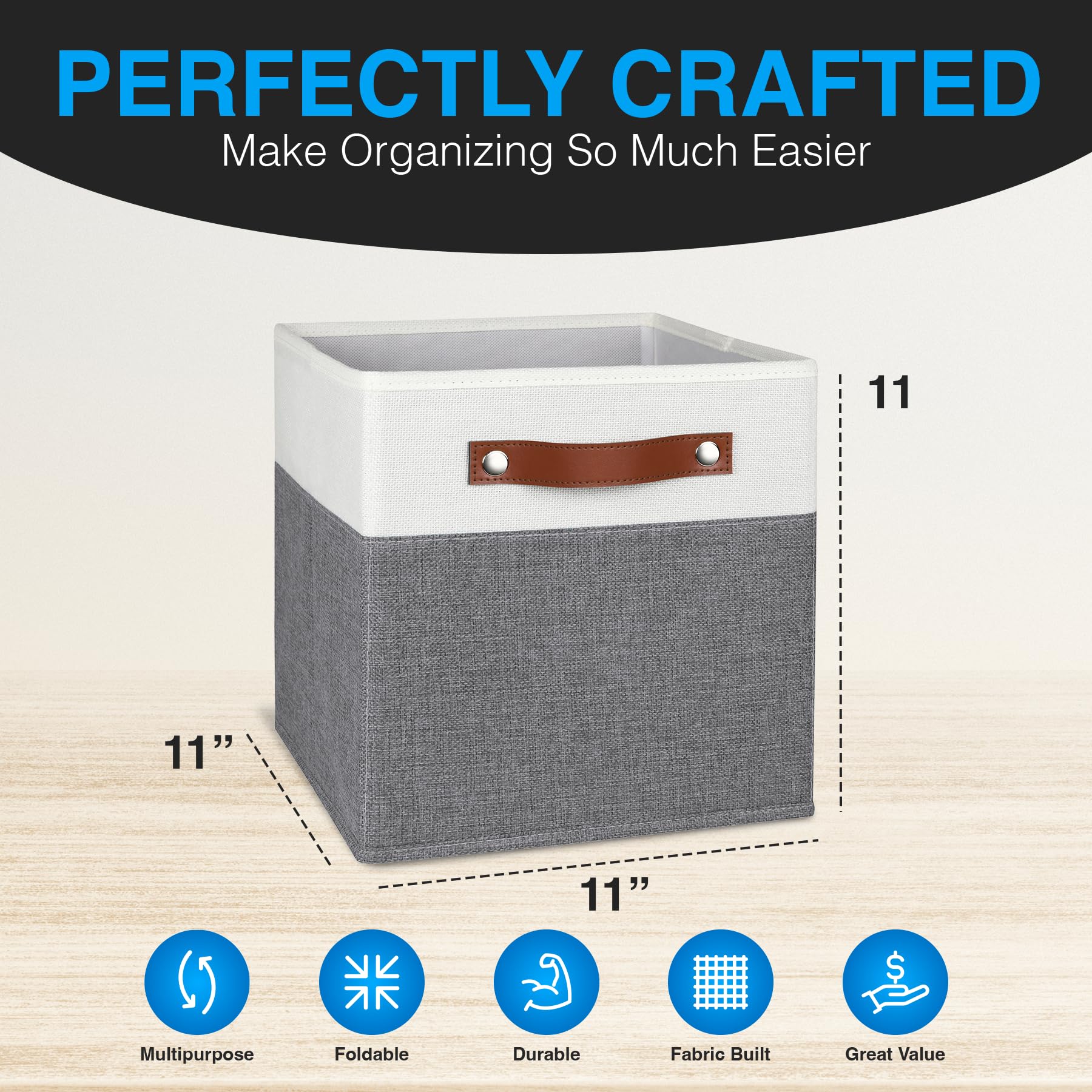 Pomatree 11 Inch Cube Storage Bin - 6 Pack - Linen Fabric Cubby Storage Bins For Bedroom, Living Room, Clothes And Toys, Shelves