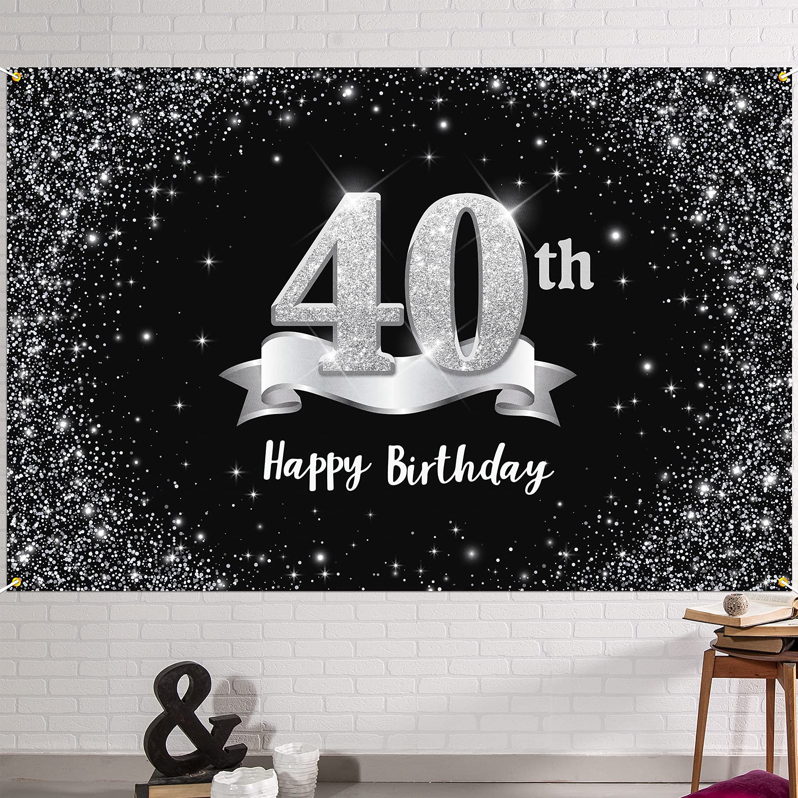 Hamigar 6X4Ft Happy 40Th Birthday Banner Backdrop - 40 Years Old Birthday Decorations Party Supplies For Women Men - Black Silve