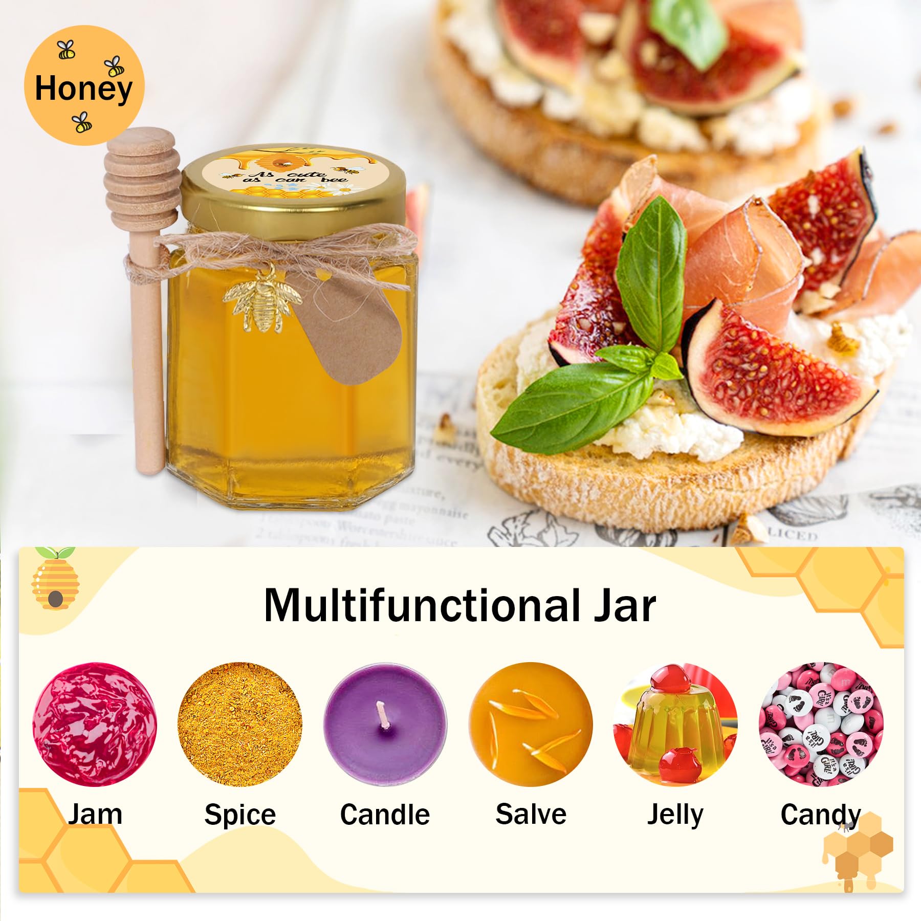 Aliggbent 70 Pack Small Honey Jars for Party Favors in Bulk, 3 oz Mini Hexagon Glass Honey Jars with Dippers, Lids, Cute Sticker