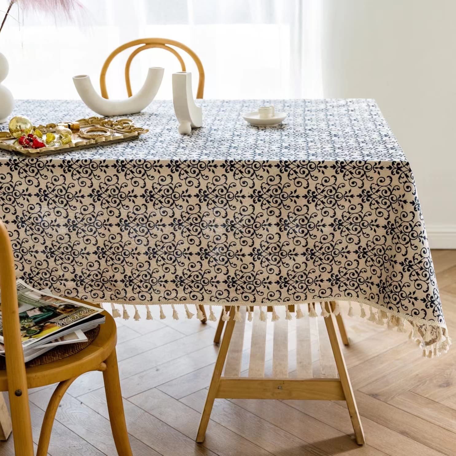 Yuurain Vuvu Blue And White Porcelain Pattern Cotton Linen Fabric, Stitching Tassel Rectangle Tablecloth For Kitchen | Dining |