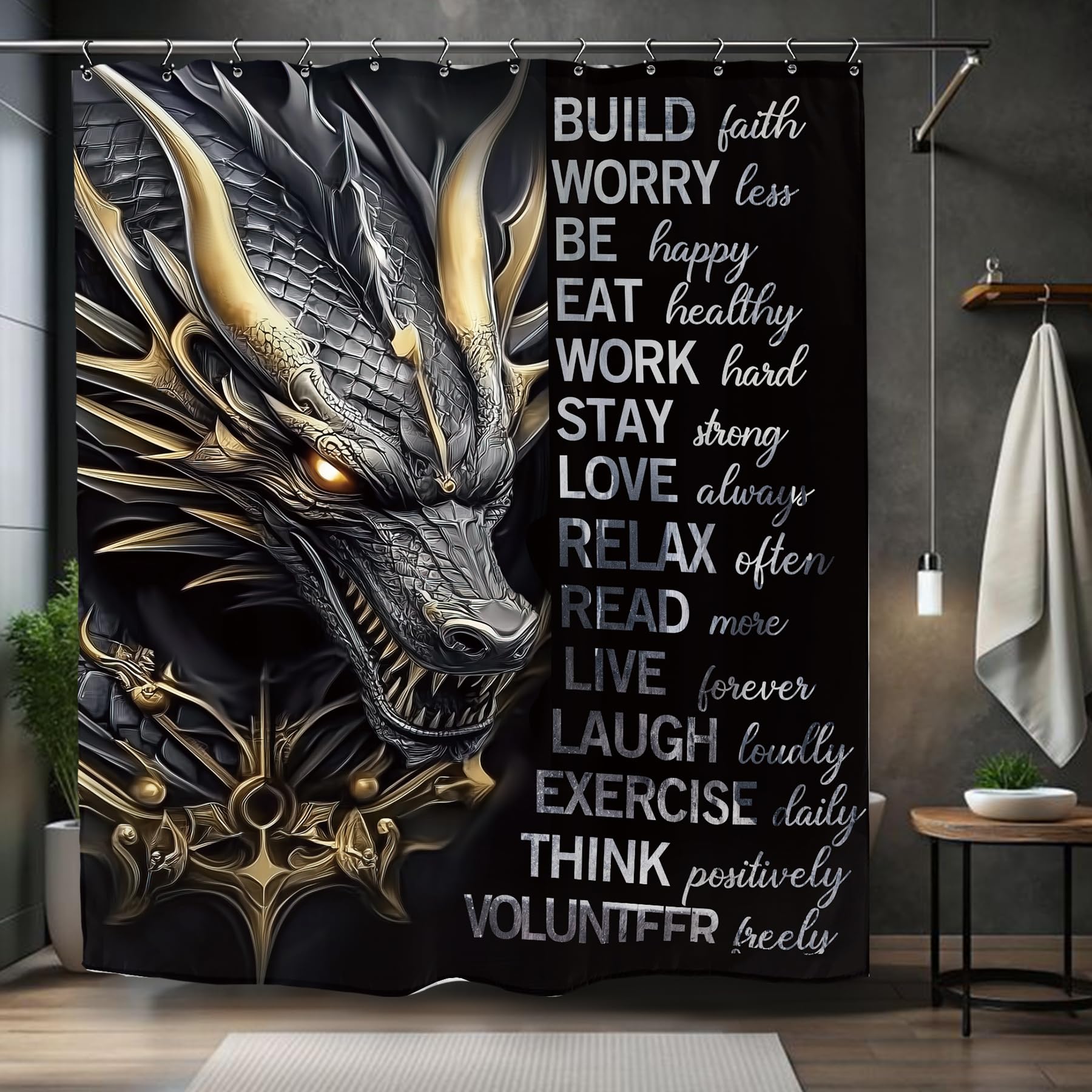 Kalmico Dragon Man Black Gold Shower Curtain 60Wx72L Inch Motivational Inspirational Quotes Positive Cool Teen Boys Bathroom Set