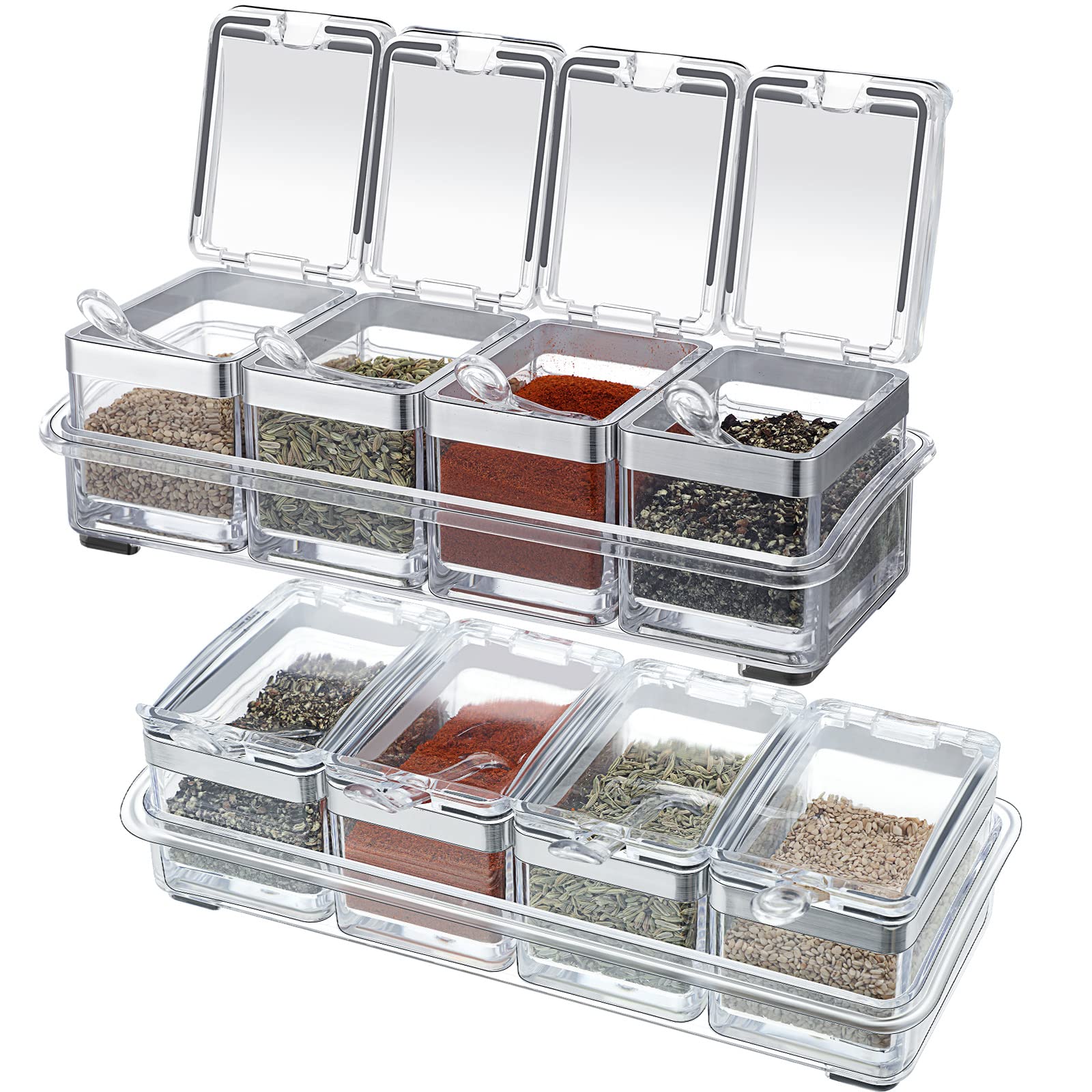2 Set Acrylic Seasoning Organizer Box 8 Pcs Clear Seasoning Rack Spice Pots Condiments Containers with Lids and Spoons Storage C