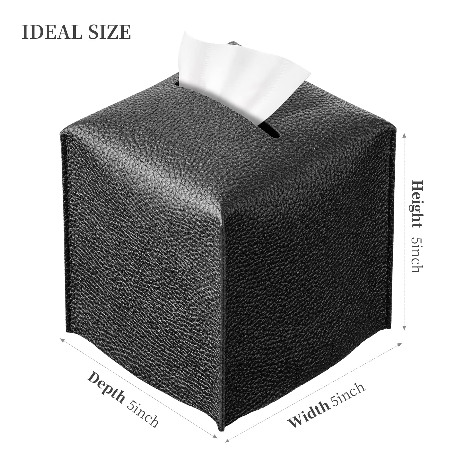 REGELETO Square Tissue Box Cover  Pu Leather Tissue Box Holder with Bottom Belt Modern Stylish Tissue Box Organizer for Bathroom  Bedroom  Hotel  Office Desk 5''X5''X5'' (Black)