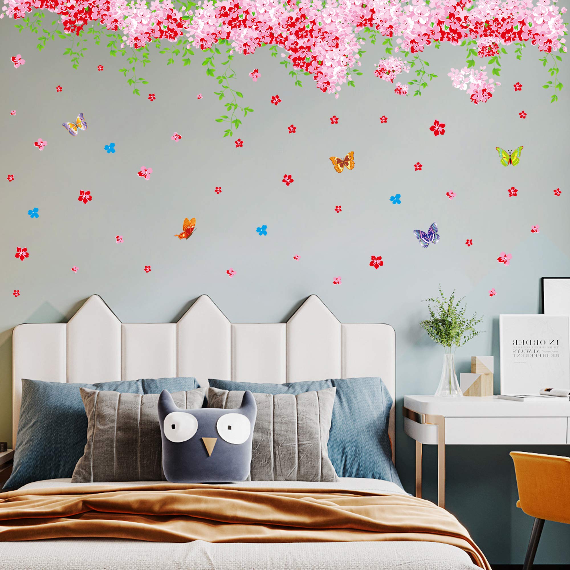 Amaonm Large Huge Fashion Pink Romantic Cherry Blossom Flower Vine Butterfly Wall Corner Decal Wall Stickers Murals Wallpaper Fo