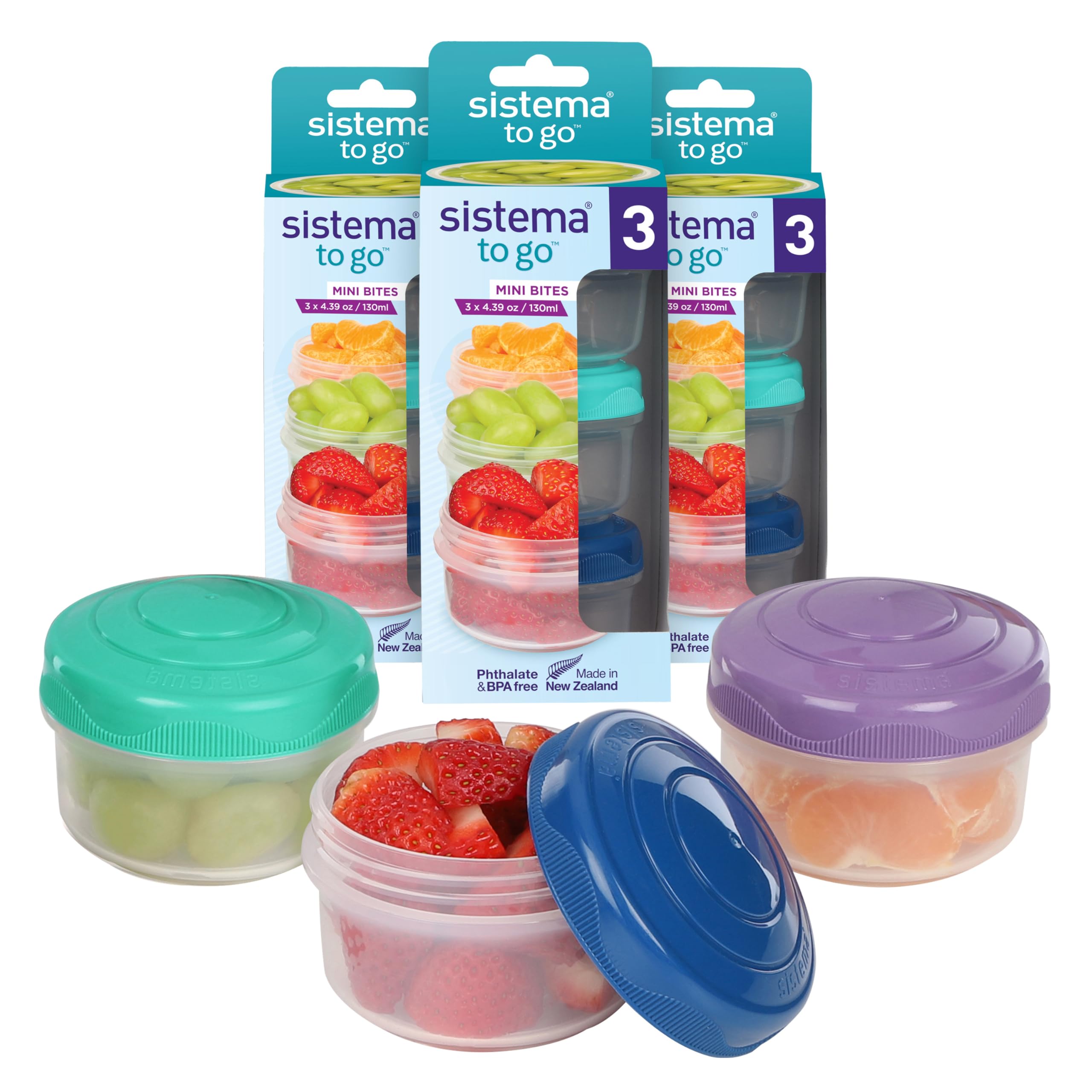 Sistema Snack Pots Mini Bites TO GO | 130 ml | Stackable Snack Boxes with Lids | BPA-Free | Teal, Purple & Blue Lids | 9 Count