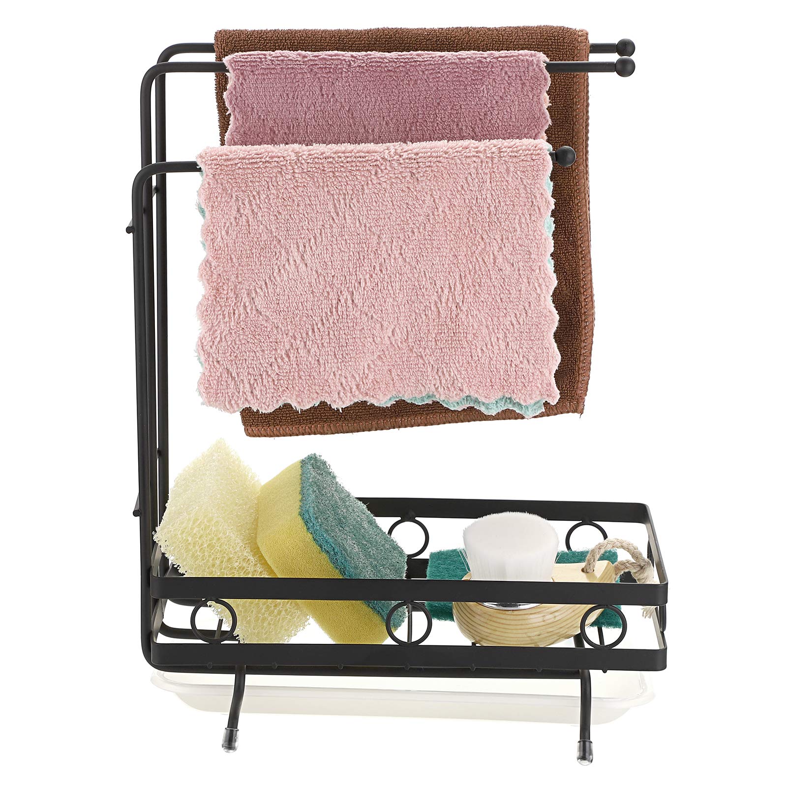 Juxyes Kitchen Sink Caddy Sponge Holder With Dishcloth Drying Rack, Kitchen Rag Stand Sponge Brush Soap Dish Dishcloth Rack Sink