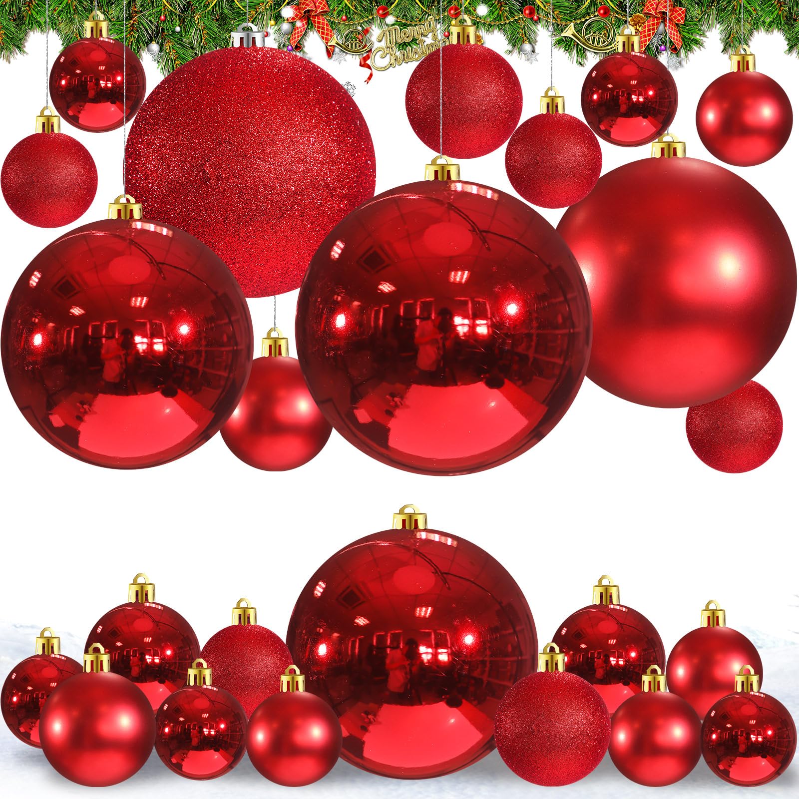 Marsui 24 Pcs Giant Christmas Balls Ornaments Extra Large Outdoor Red Christmas Ornament 8'' 6'' 3'' 2'' Large Xmas Balls Bulk P