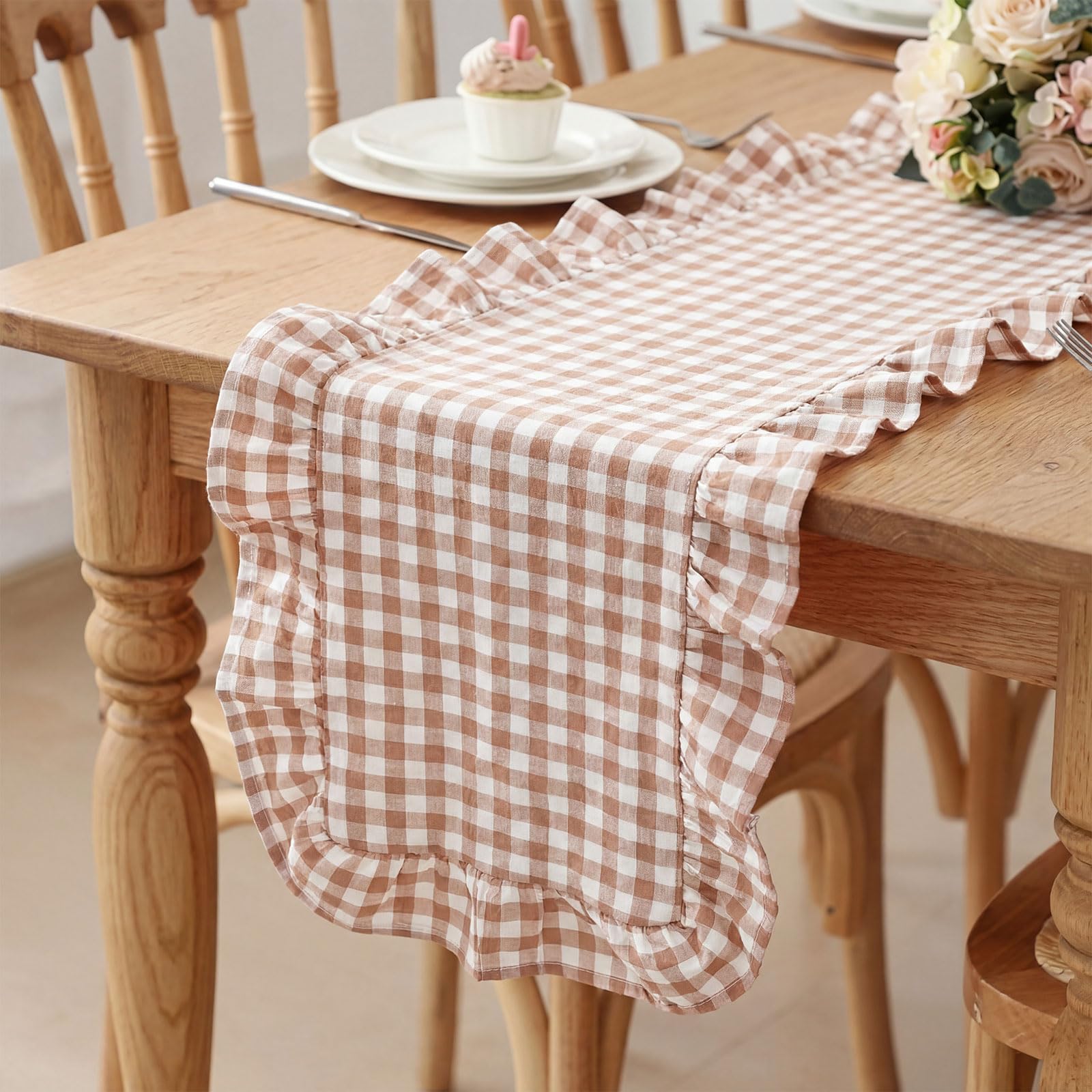 HunnmingRe 1 Pcs Brown Plaid Gingham Ruffle Table Runner 118 x 13.8 Farmhouse Table Runner 100% Cotton Scalloped Long Dresser 