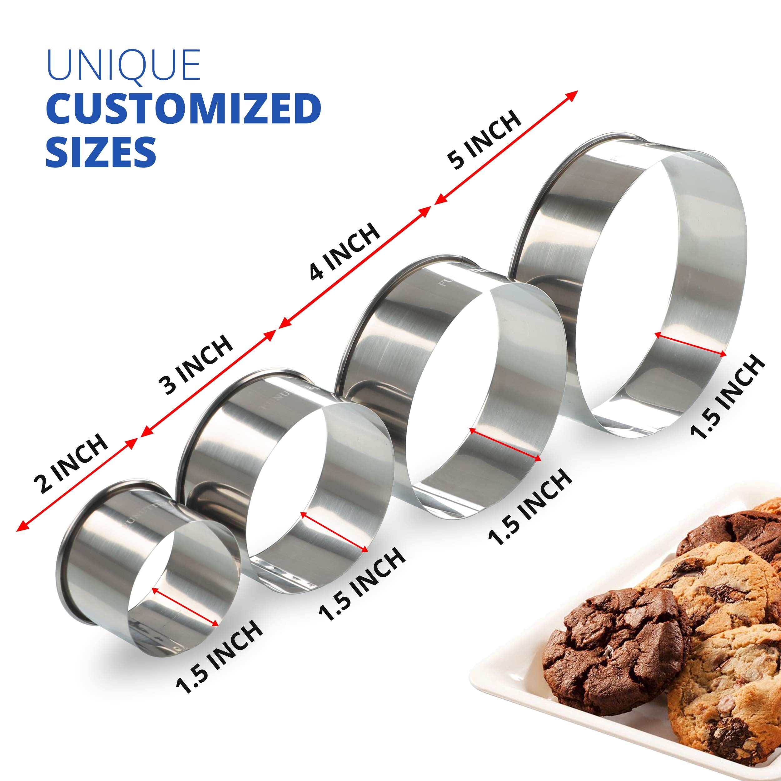 Cookie Cutter Set, 4 Pc. Kit, Measuring 2'', 3'', 4'' And 5'', Round Metal Baking Rings For Pastry, Biscuits, And Dough Cutting,