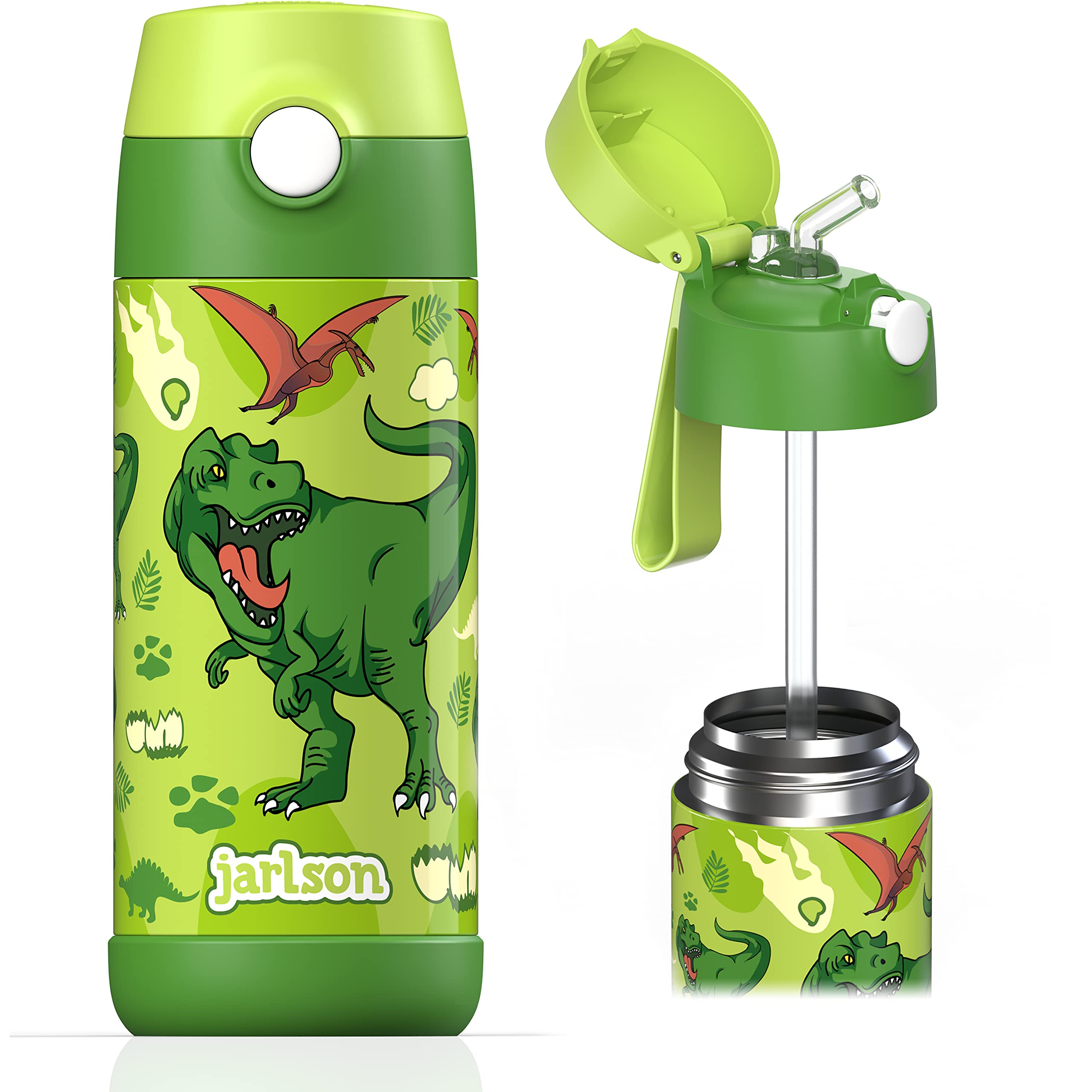 JARLSON kids water bottle with straw - CHARLI - insulated stainless steel water bottle - thermos - girls/boys (Dinosaur Star, 