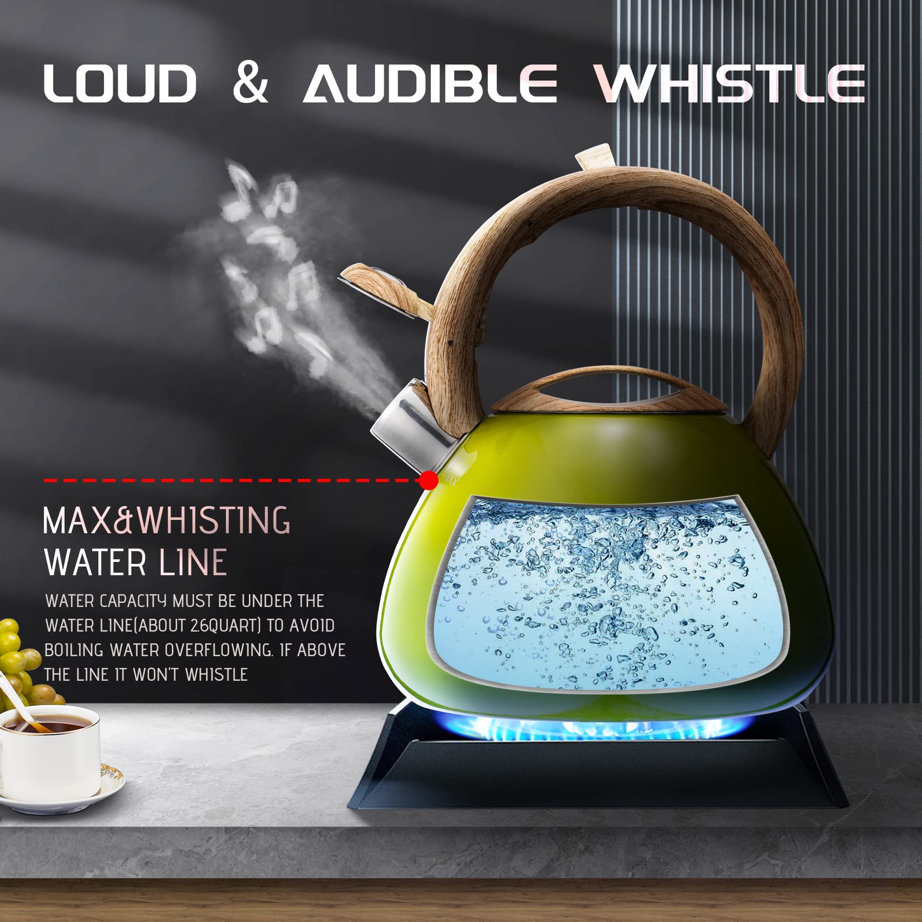 Marskitop Whistling Tea Kettle For Stove Top, 2.6 Quart Teapot For Stovetop, Stainless Steel Tea Pot For Stove With Wood Pattern