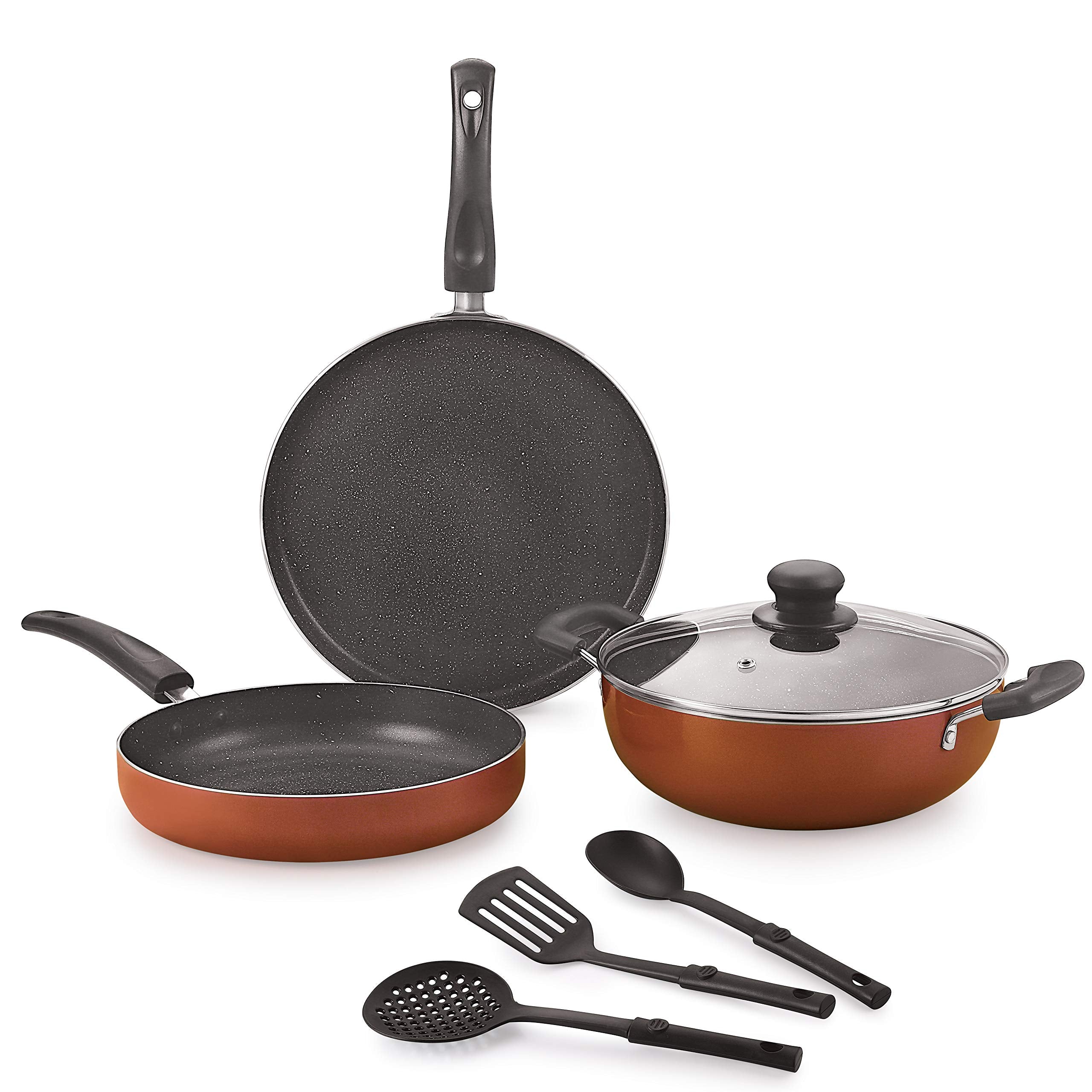 Nirlon Brownie Granite 7Piece Aluminum Non Stick Cookware Combo Gift Set (Compatible With Gas & Stovetops)