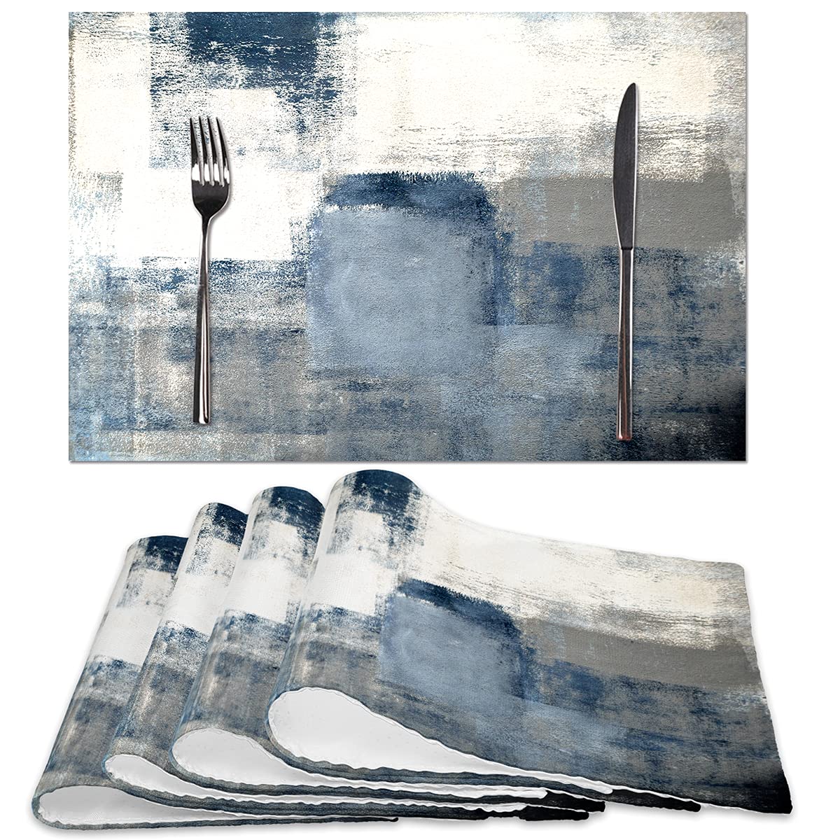 Blue Abstract Art Placemats, White And Grey Modern Art Placemats Set Of 4, Heat Resistant Non-Slip Artwork Dining Placemats, Was