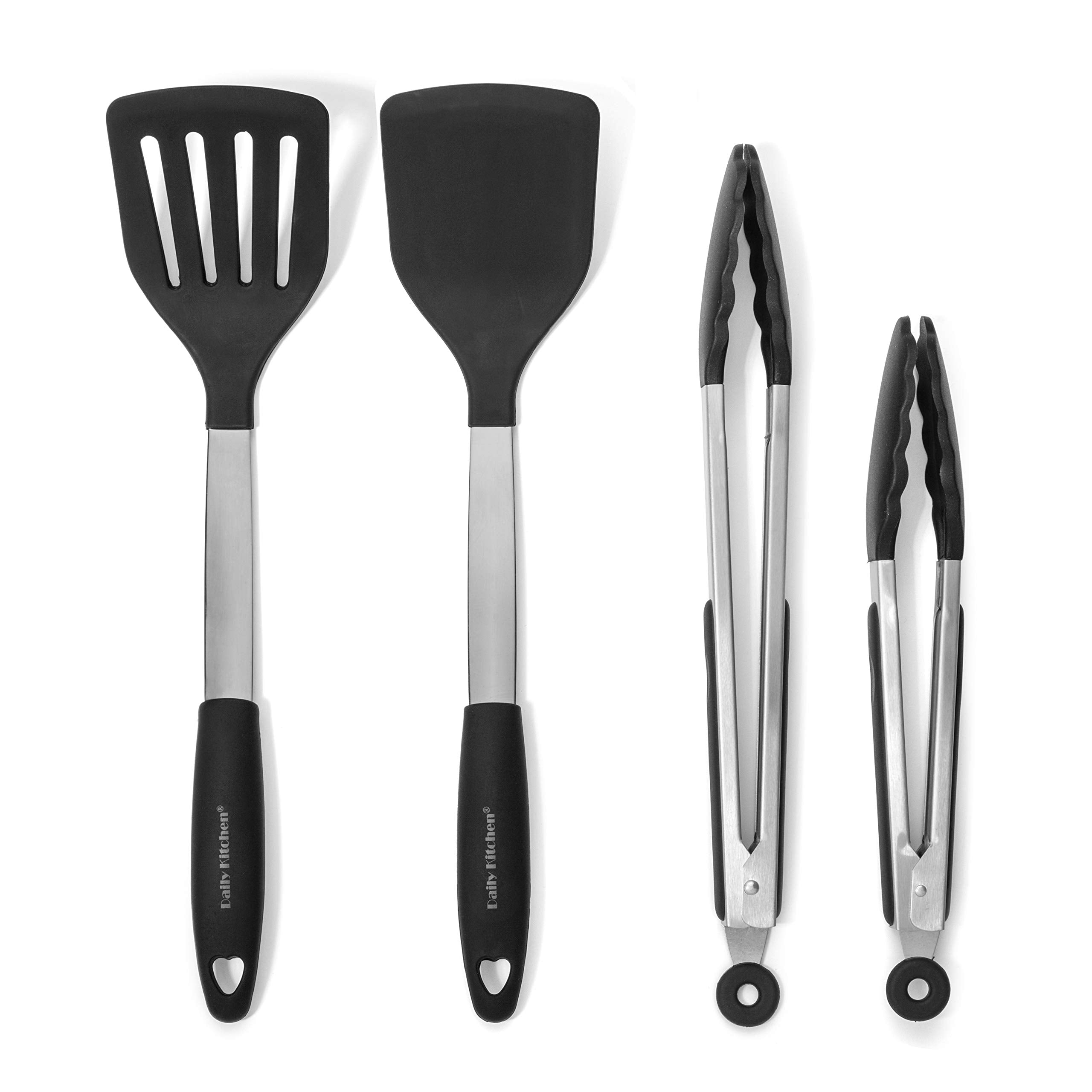 Daily Kitchen Spatulas Heat Resistant Silicone And Stainless Steel - Tongs And Turners With Rubber Grip - Flexible Silicone Spat