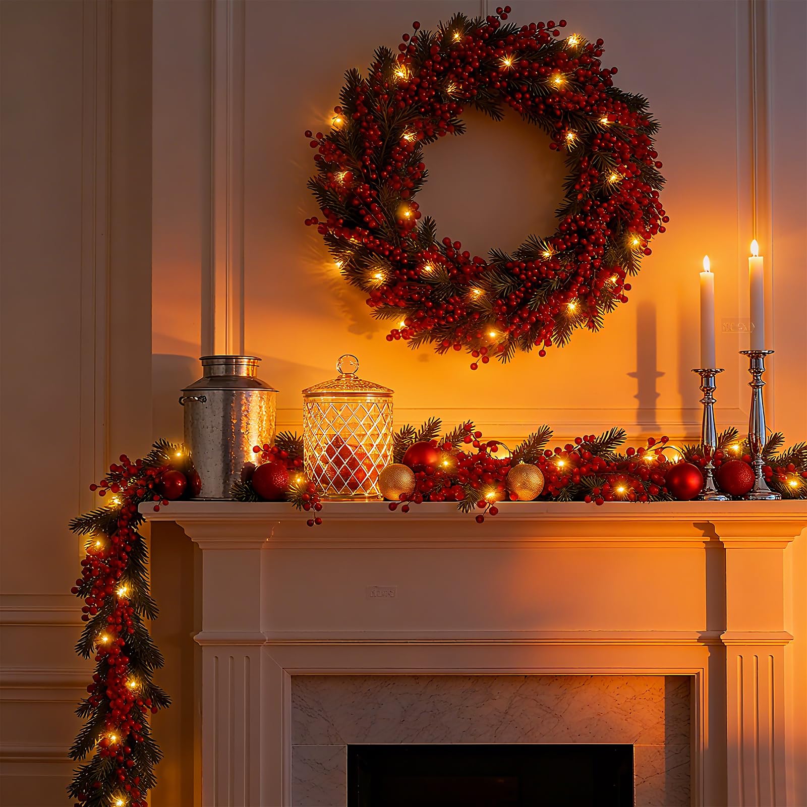 Joyhalo 2 Pack 8.8FT Christmas Red Berry Garland with String Lights, Artifial Burgundy Berry Garland for Christmas Tree, Valenti