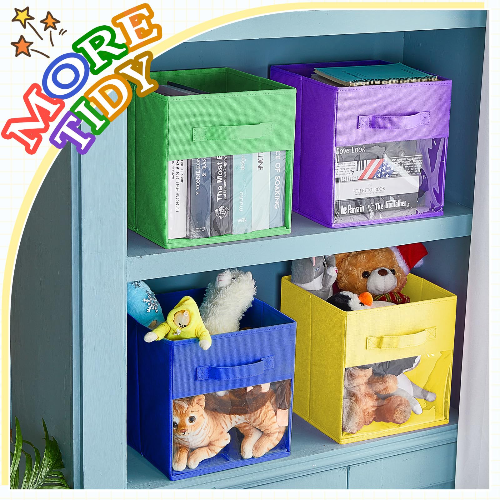Marsui 12 Pcs Clear Storage Bins Collapsible Cube Fabric Storage Organizer Bin With Window For Kid Room Daycare Nursery Playroom