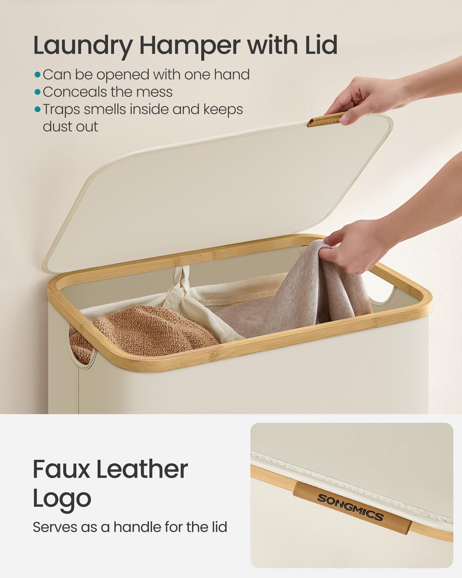 Songmics Laundry Hamper With Lid, 2-Section Large Laundry Basket, 34.3-Gallon (130L), Removable Mesh Liner, Bamboo Handles, Coll